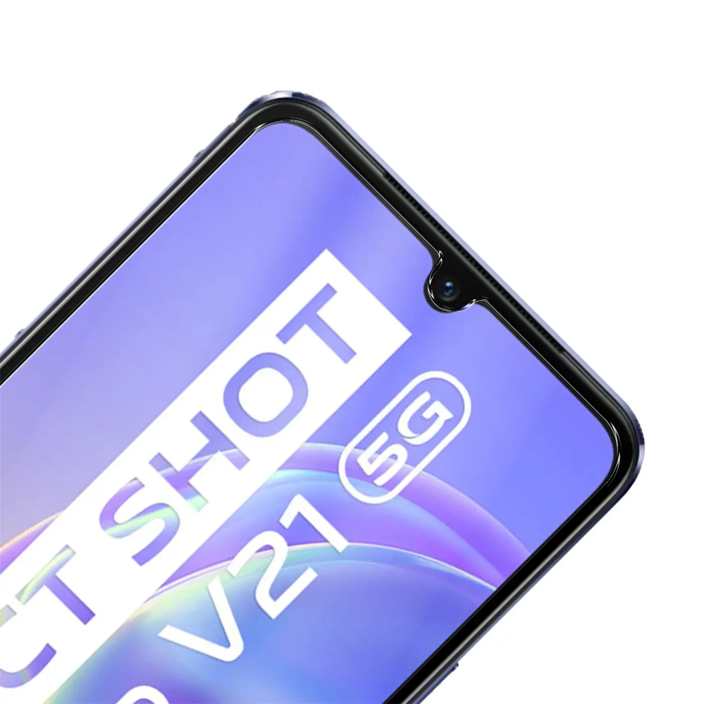 Nahaufnahme eines Vivo V21 5G Smartphones mit schwarzem Rahmen und Displayschutz aus Glas, schräg von oben.