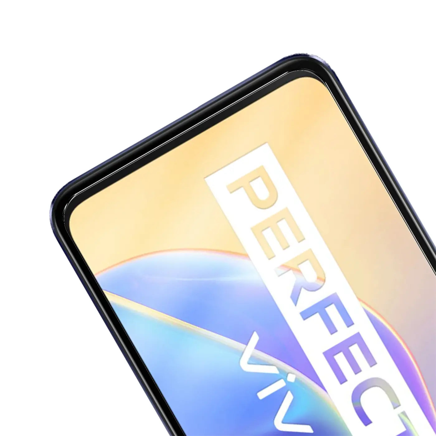Nahaufnahme eines Vivo V21 5G Smartphones mit schwarzem Rahmen und transparentem Panzerglas-Displayschutz, schräg von oben.