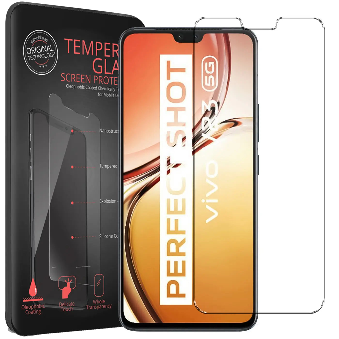 Schwarze Verpackung, Vivo V23 5G Smartphone und klarer Panzerglas Displayschutz, schräg von vorne.