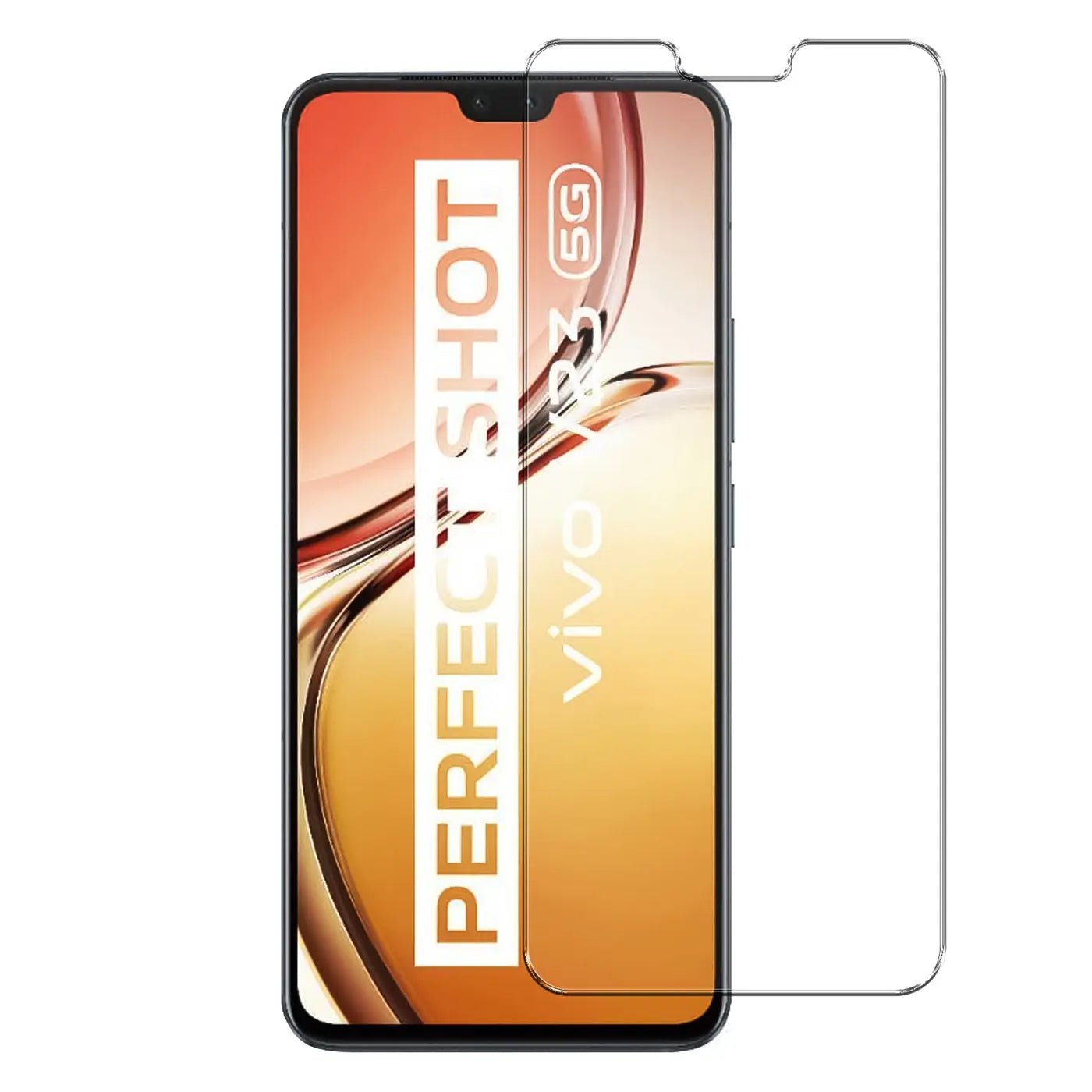 Vivo V23 5G Smartphone mit transparentem Panzerglas-Displayschutz von vorne, leicht nach rechts versetzt.