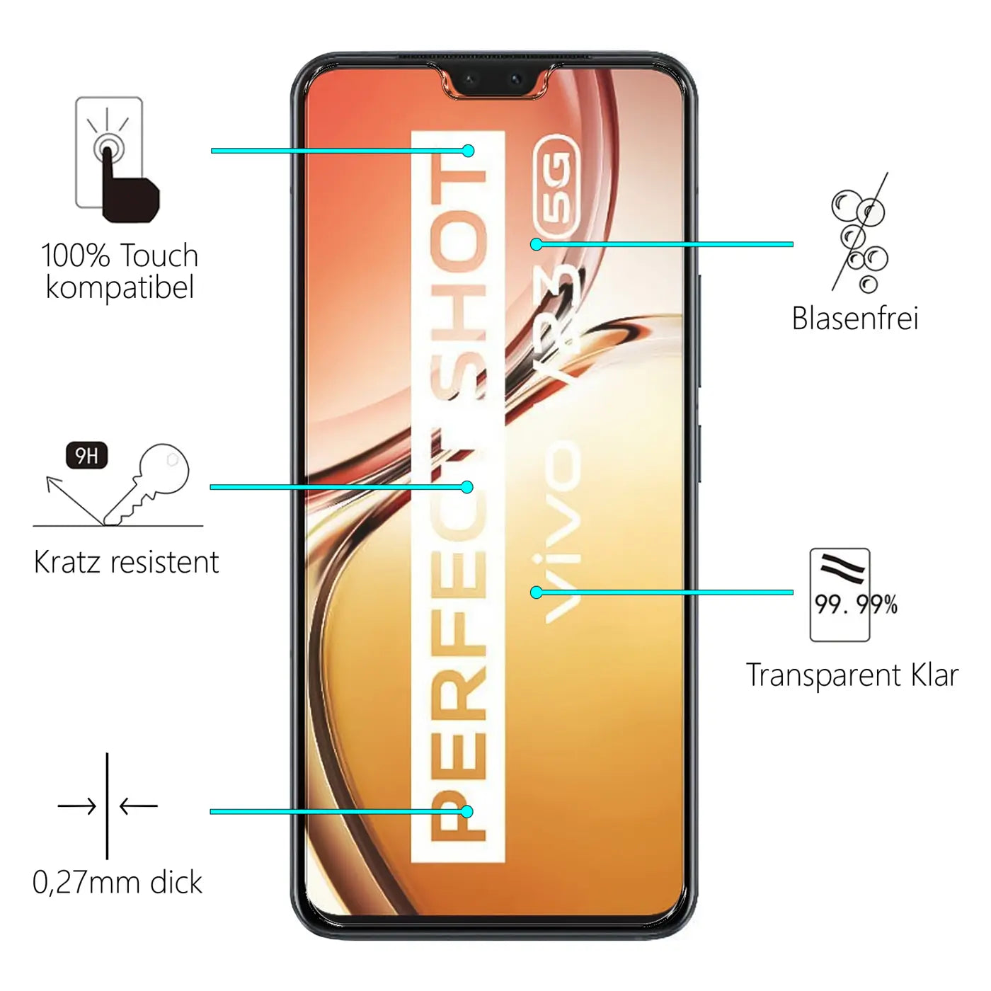 Schwarzes Vivo V23 5G Smartphone frontal mit transparentem Panzerglas-Displayschutz und Eigenschaften wie 9H Härte.