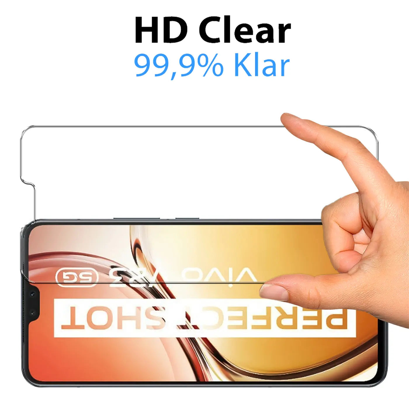 Eine Hand hält ein klares Panzerglas über einem Vivo V23 5G Smartphone, das "PERFECT SHOT" anzeigt.