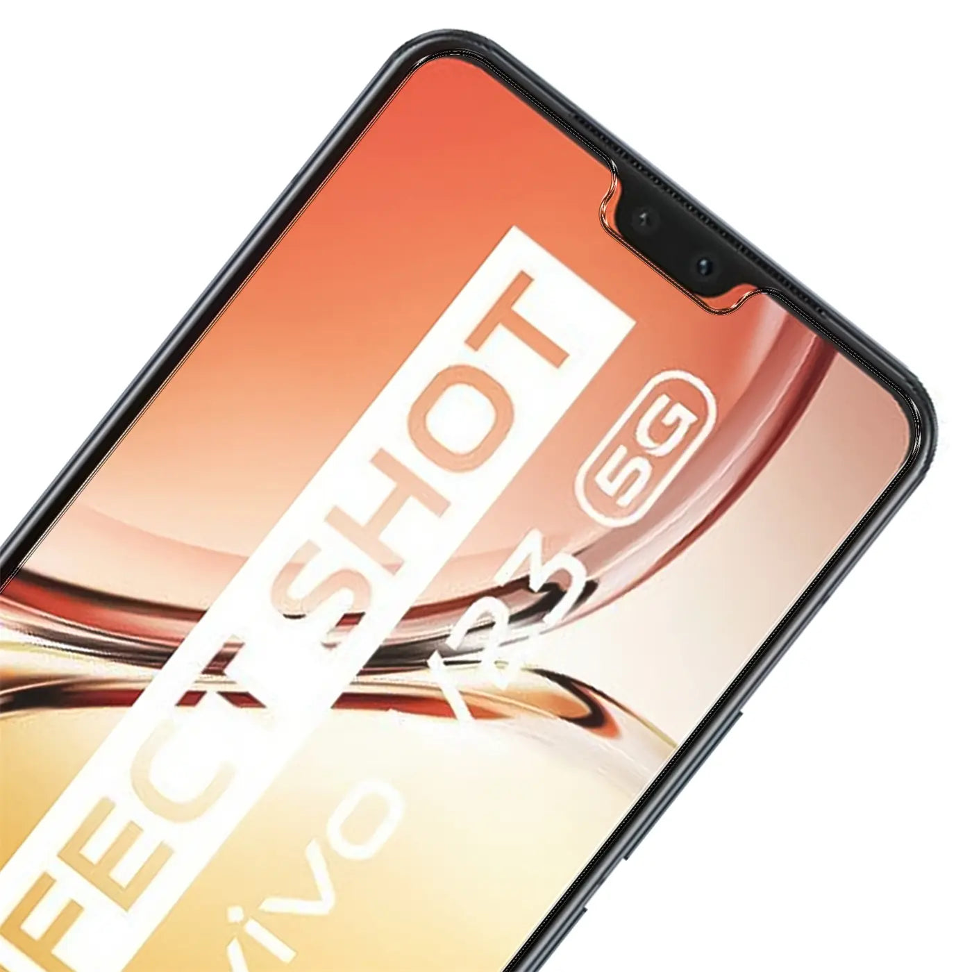 Nahaufnahme eines Vivo V23 5G Smartphones mit Panzerglas-Displayschutz, schräg von oben, Display mit Schriftzug.