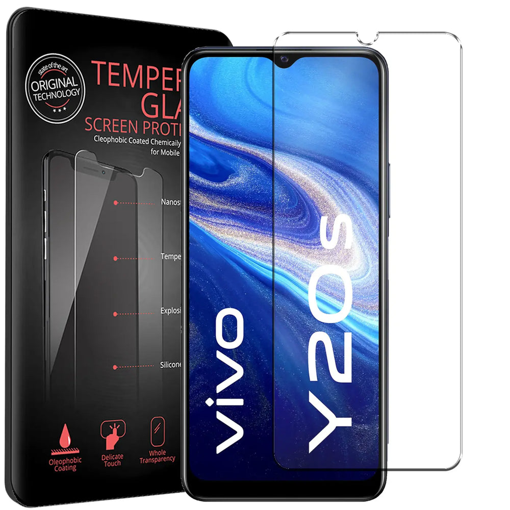 Schwarze Verpackung, Vivo Y20s Smartphone mit angebrachtem Panzerglas und ein weiteres Panzerglas daneben, von vorne.