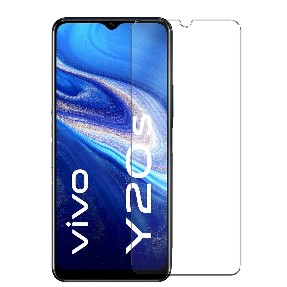 Vivo Y20s Handy mit aufgelegtem, transparentem Panzerglas-Displayschutz und einem zweiten daneben, frontal.