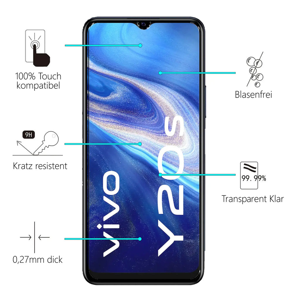Schwarzes Vivo Y20s Smartphone frontal, Display mit blauer Welle und "vivo Y20s" Schriftzug. Eigenschaften des Panzerglases.