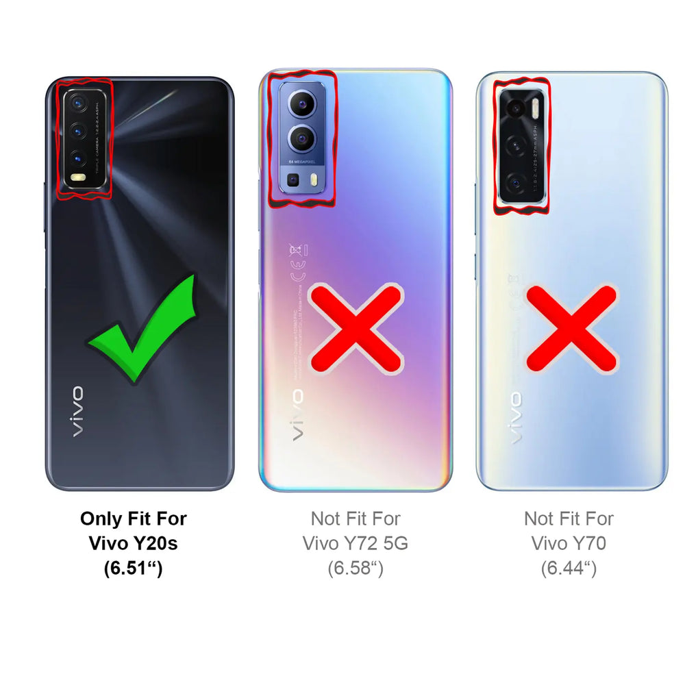 Drei Vivo-Smartphones von hinten, das linke (Y20s) mit grünem Haken, die anderen (Y72 5G, Y70) mit rotem X.
