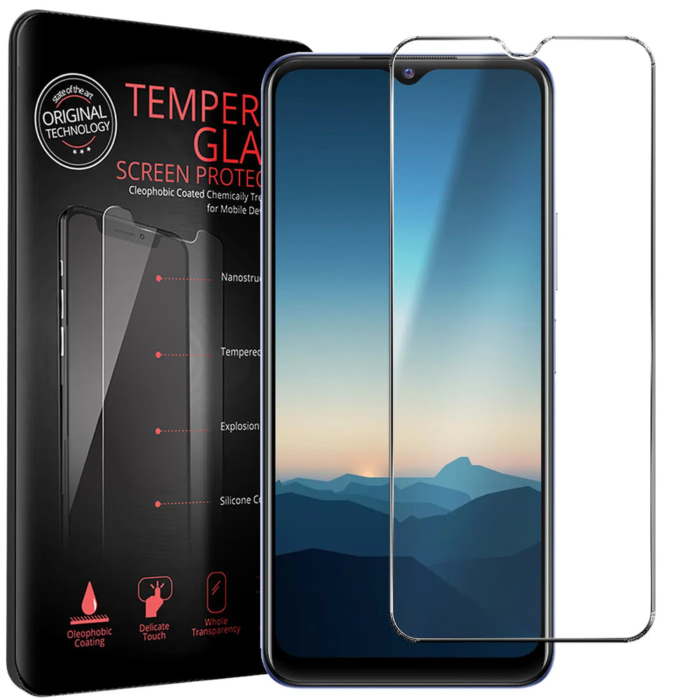 Schwarze Verpackung mit "TEMPERED GLASS" Schriftzug, daneben ein Vivo Y21/Y21s/Y33s Smartphone und zwei transparente.