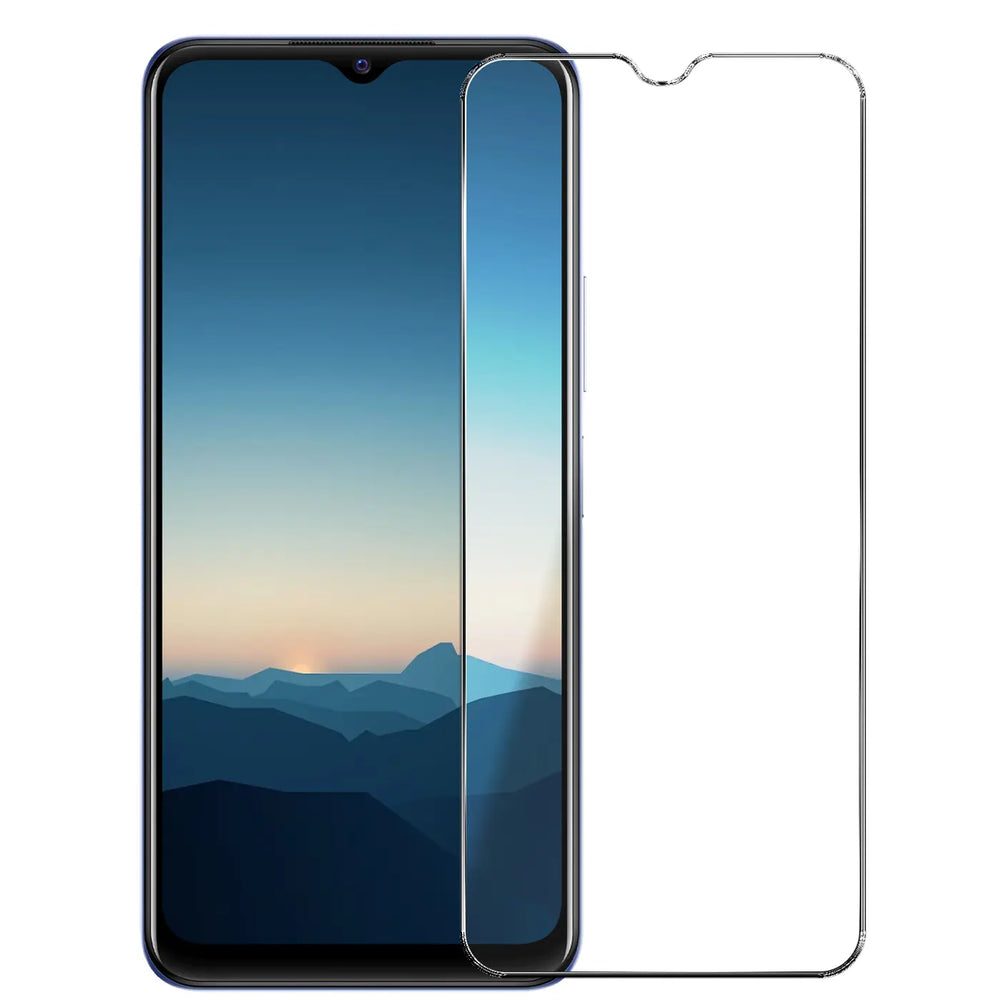 Transparenter Panzerglas Displayschutz mit Aussparung für die Frontkamera, neben einem Vivo Y21 Smartphone.