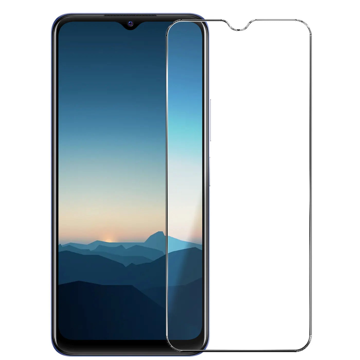 Transparenter Panzerglas Displayschutz mit Aussparung für die Frontkamera, neben einem Vivo Y21 Smartphone.