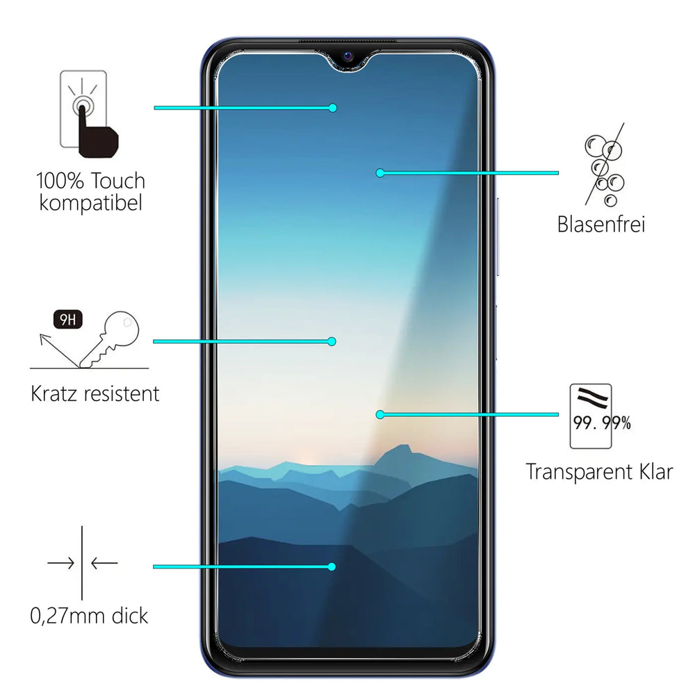Vivo Y21/Y21s/Y33s Smartphone mit Panzerglas-Displayschutz, Frontansicht. Eigenschaften wie Kratzfestigkeit sind mit Text.