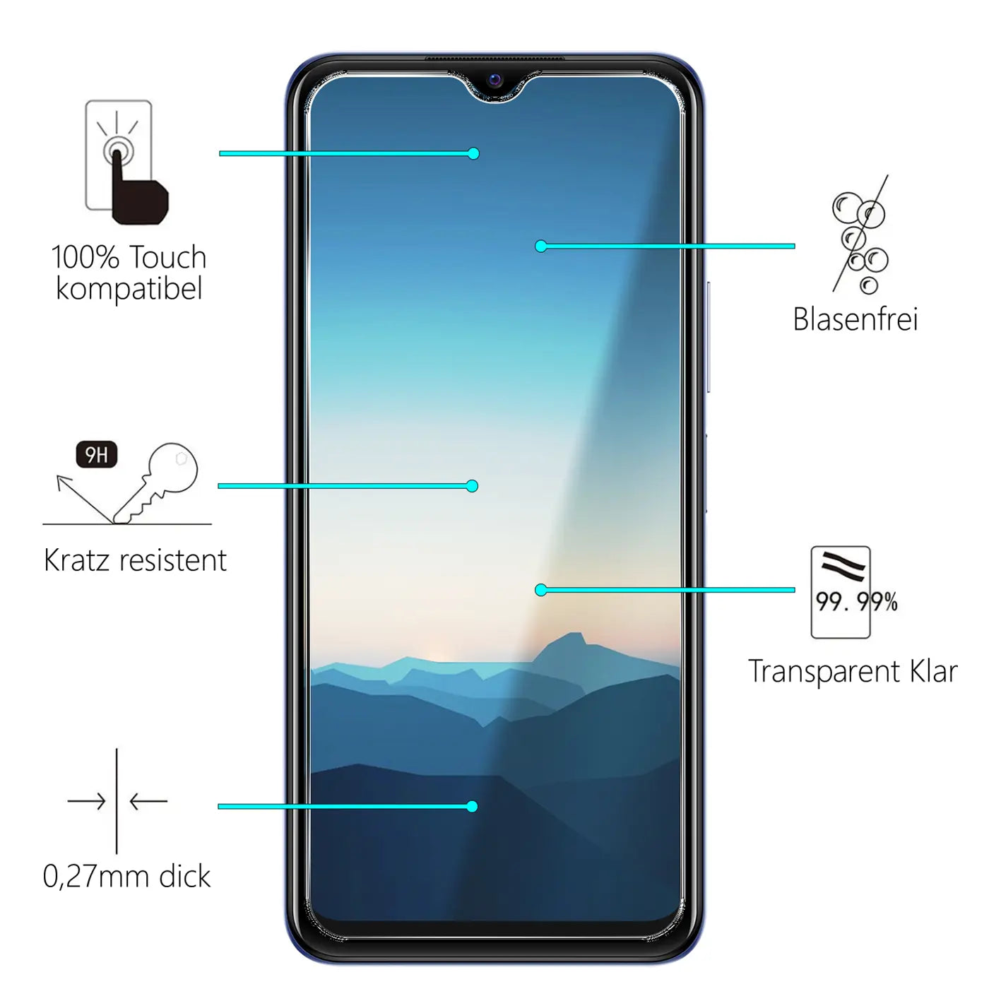 Vivo Y21/Y21s/Y33s Smartphone mit Panzerglas-Displayschutz, Frontansicht. Eigenschaften wie Kratzfestigkeit sind mit Text.