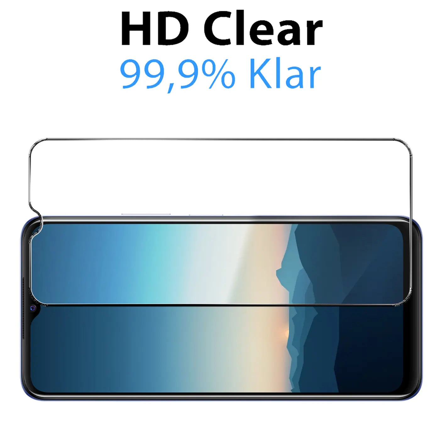Klares Panzerglas für Vivo Y21/Y21s/Y33s, von oben auf ein schwarzes Smartphone gelegt, das Display ist blau.