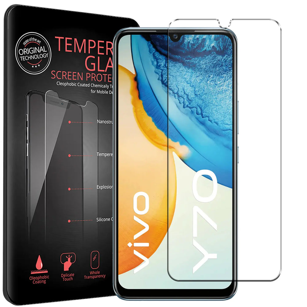 Schwarze Verpackung mit 2 transparenten Panzerglas-Displayschutzfolien für Vivo Y70, schräg von vorne.