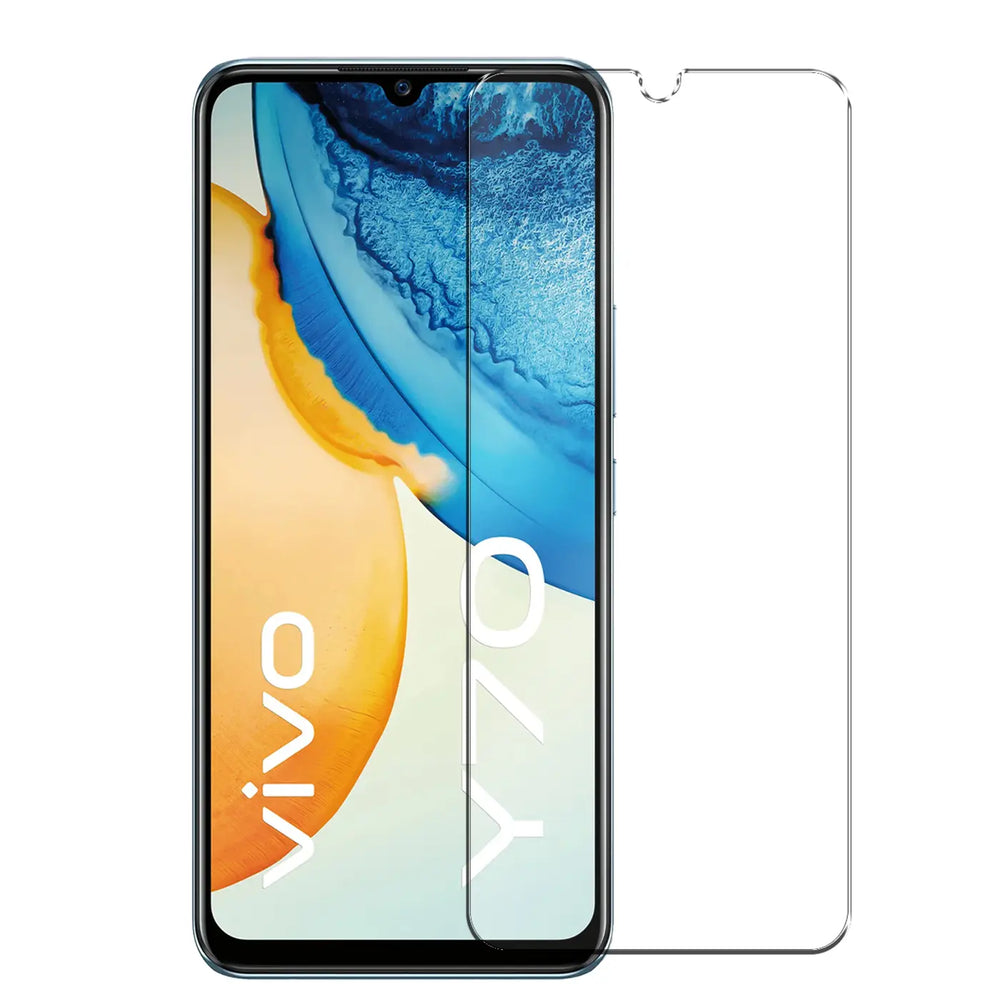 Vivo Y70 Smartphone mit transparentem Panzerglas-Displayschutz (9H) daneben, von vorne, leicht schräg.