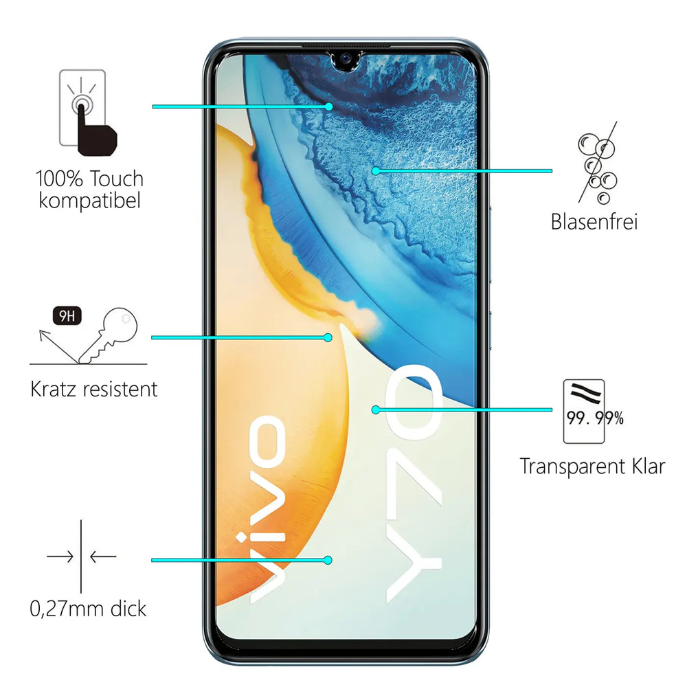Frontansicht eines schwarzen Vivo Y70 Smartphones mit Displayfolie und Infografiken zu Eigenschaften wie 9H-Härte.