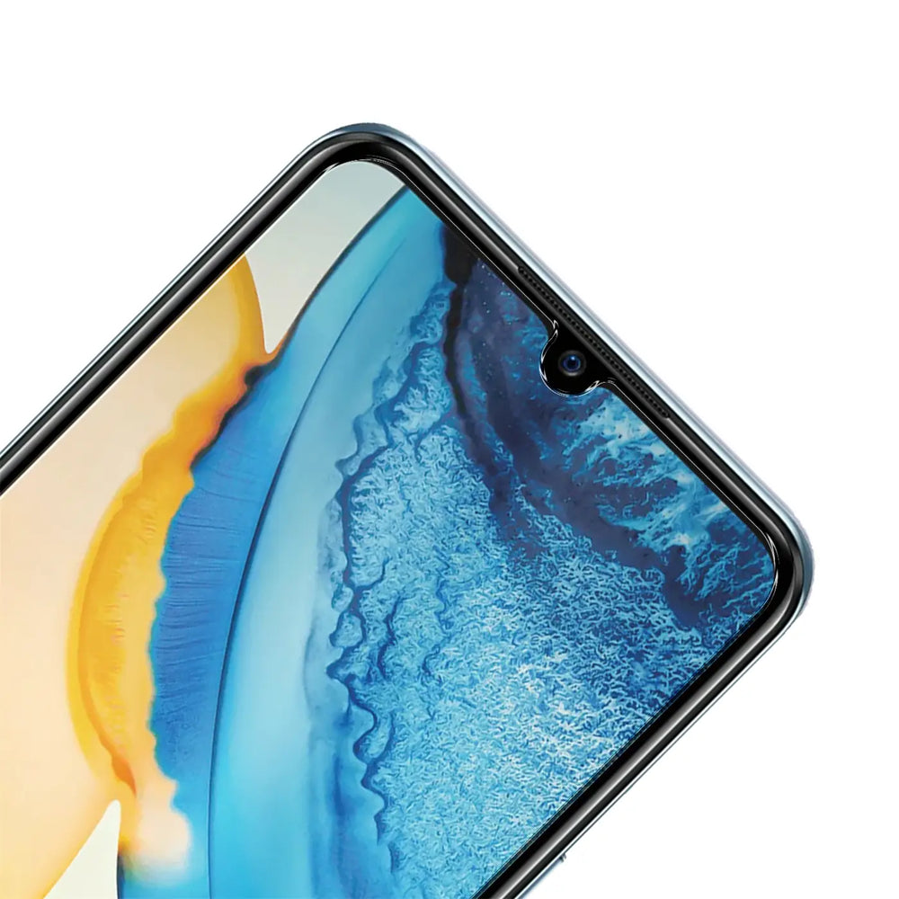 Nahaufnahme des oberen rechten Bereichs eines Vivo Y70 Smartphones mit transparentem Panzerglas-Displayschutz.