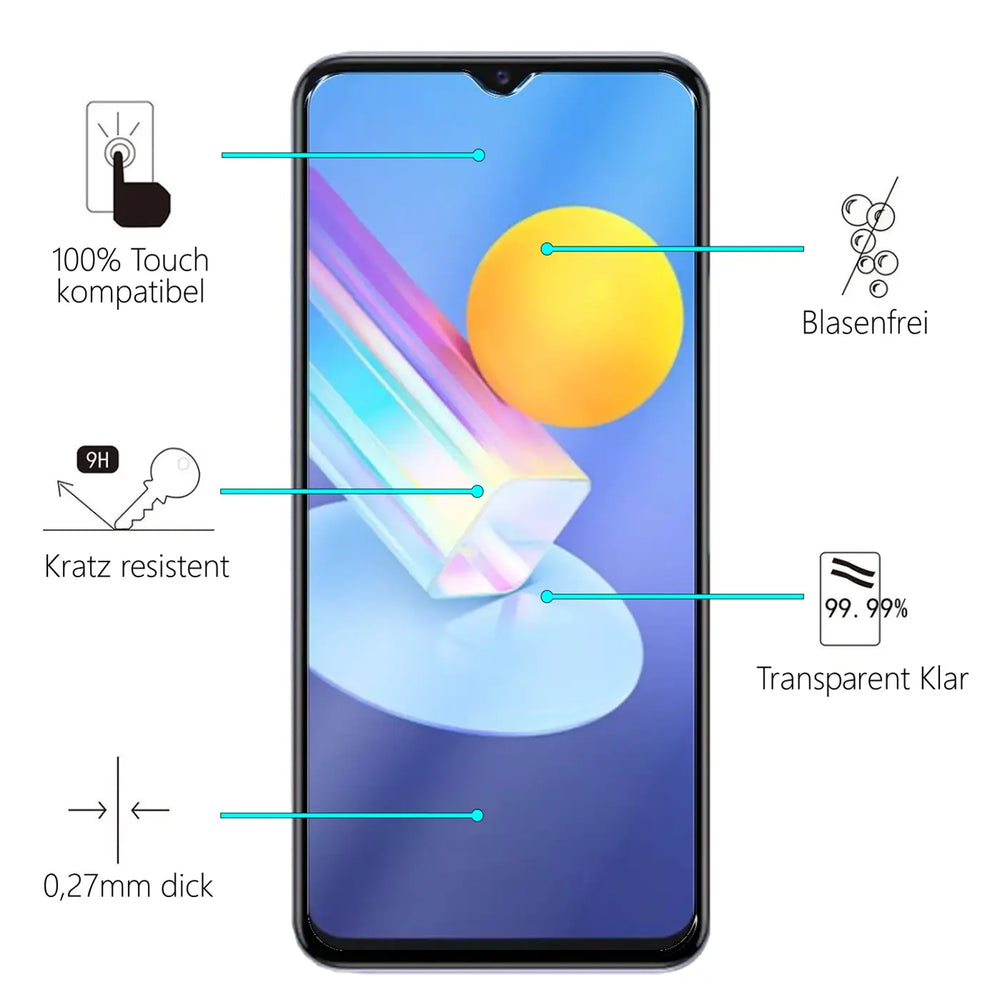 Schwarzes Vivo Y72 5G Smartphone mit Panzerglas-Displayschutz, Frontansicht. Eigenschaften wie Kratzfestigkeit und Dicke.