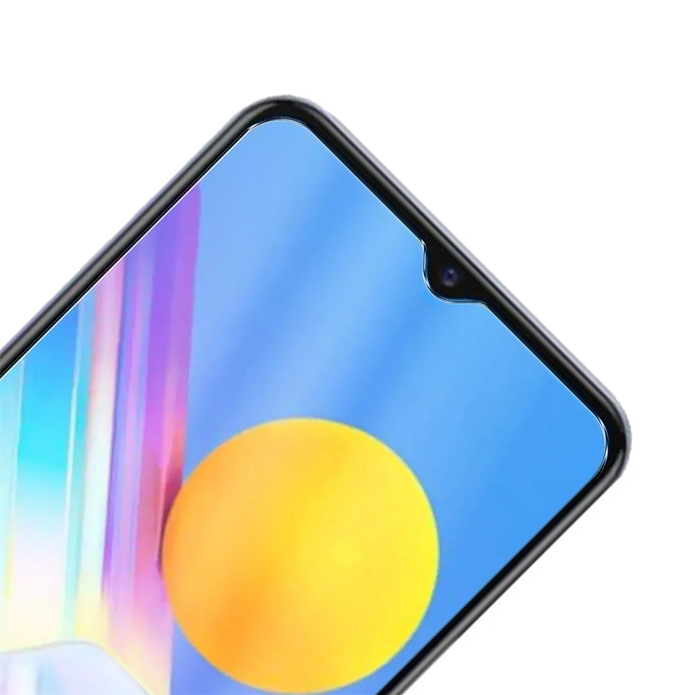 Nahaufnahme des oberen Bereichs eines Vivo Y72 5G Displays mit Wassertropfen-Notch, schwarzem Rahmen und bunten.