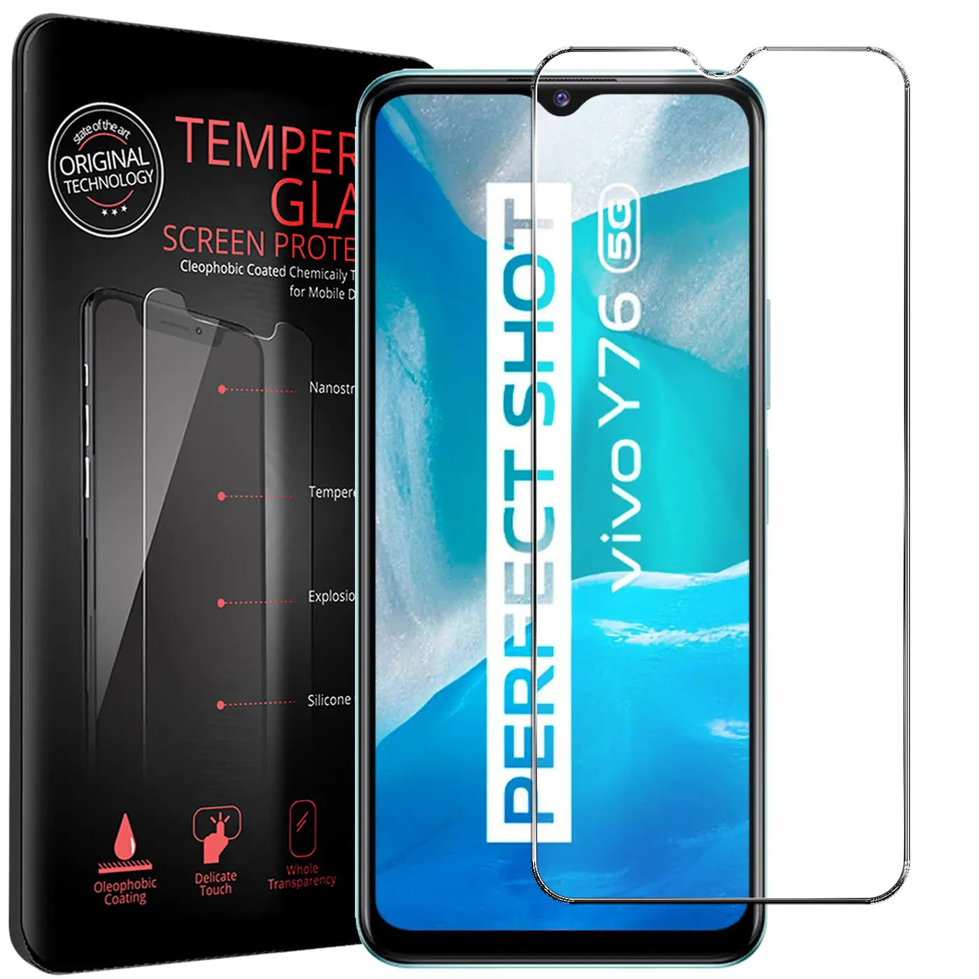 Schwarze Verpackung mit Panzerglas-Details, daneben ein Vivo Y76 5G mit aufgelegtem, transparentem Panzerglas.