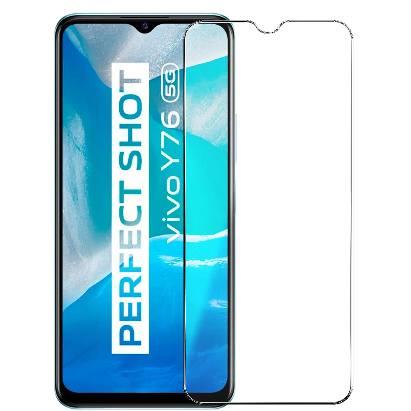 Frontansicht eines Vivo Y76 5G Smartphones mit einem transparenten Panzerglas-Displayschutz daneben auf weißem Grund.