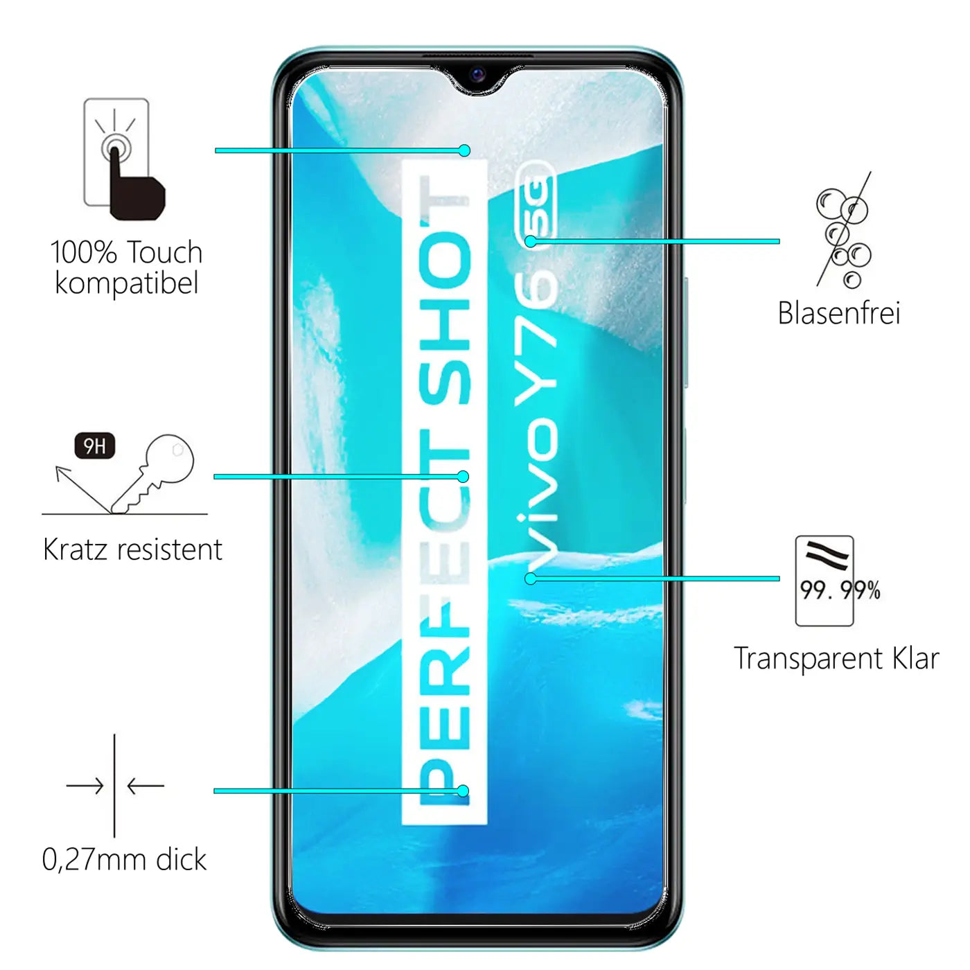 Vorderansicht eines schwarzen Vivo Y76 5G Smartphones mit transparentem Panzerglas und Produktmerkmalen.