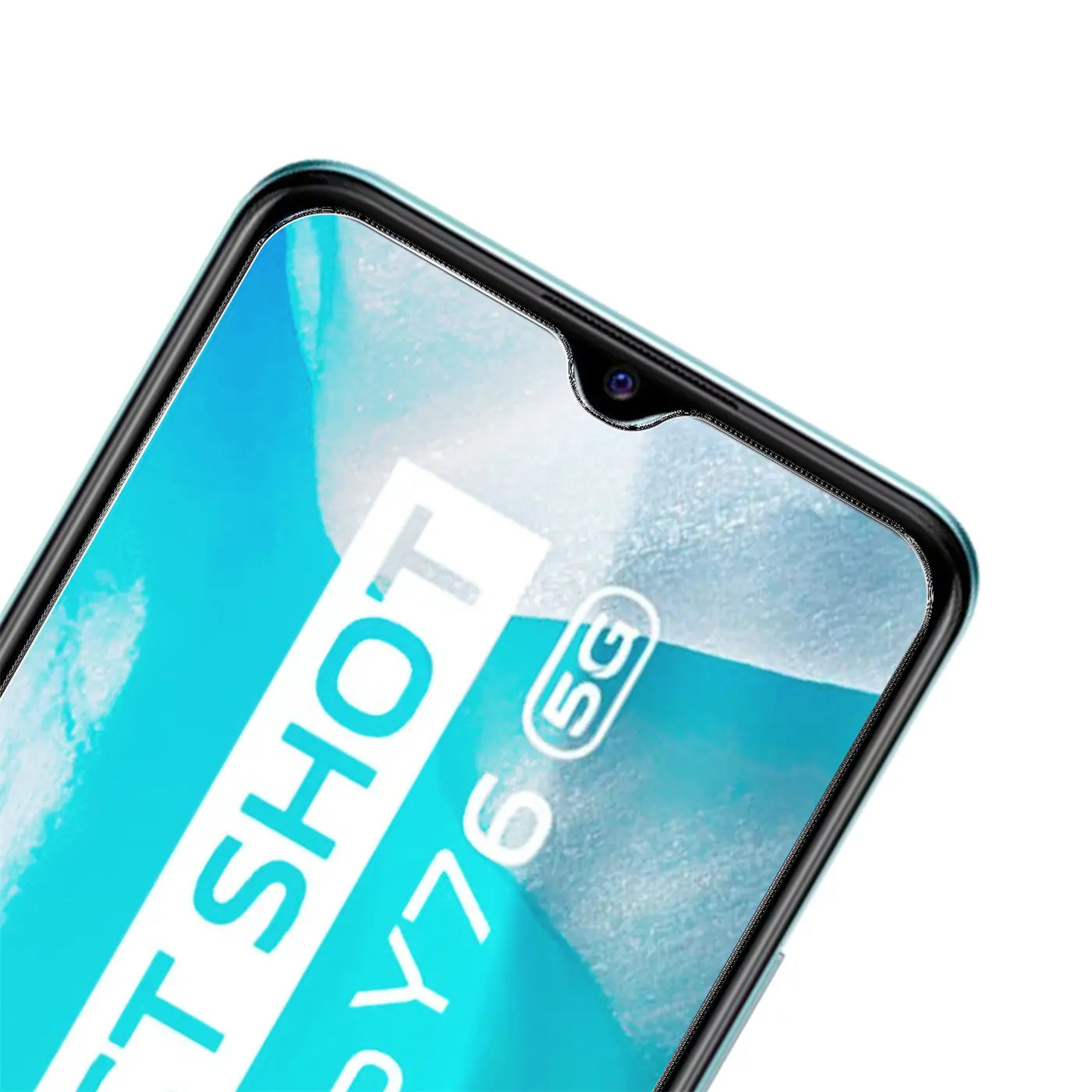 Nahaufnahme eines Vivo Y76 5G Smartphones mit Panzerglas-Displayschutz, schräg von oben.
