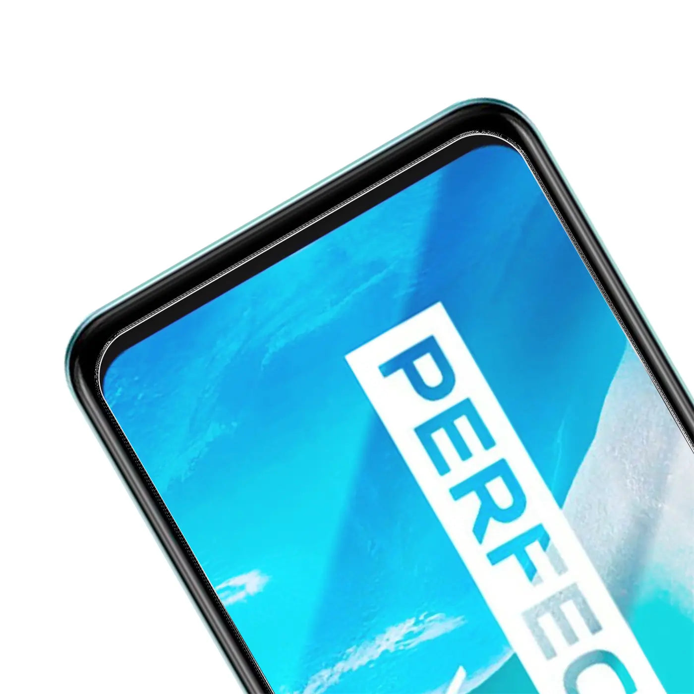 Schrägansicht auf ein Vivo Y76 5G mit transparentem Panzerglas-Displayschutz, der perfekt auf dem Bildschirm sitzt.