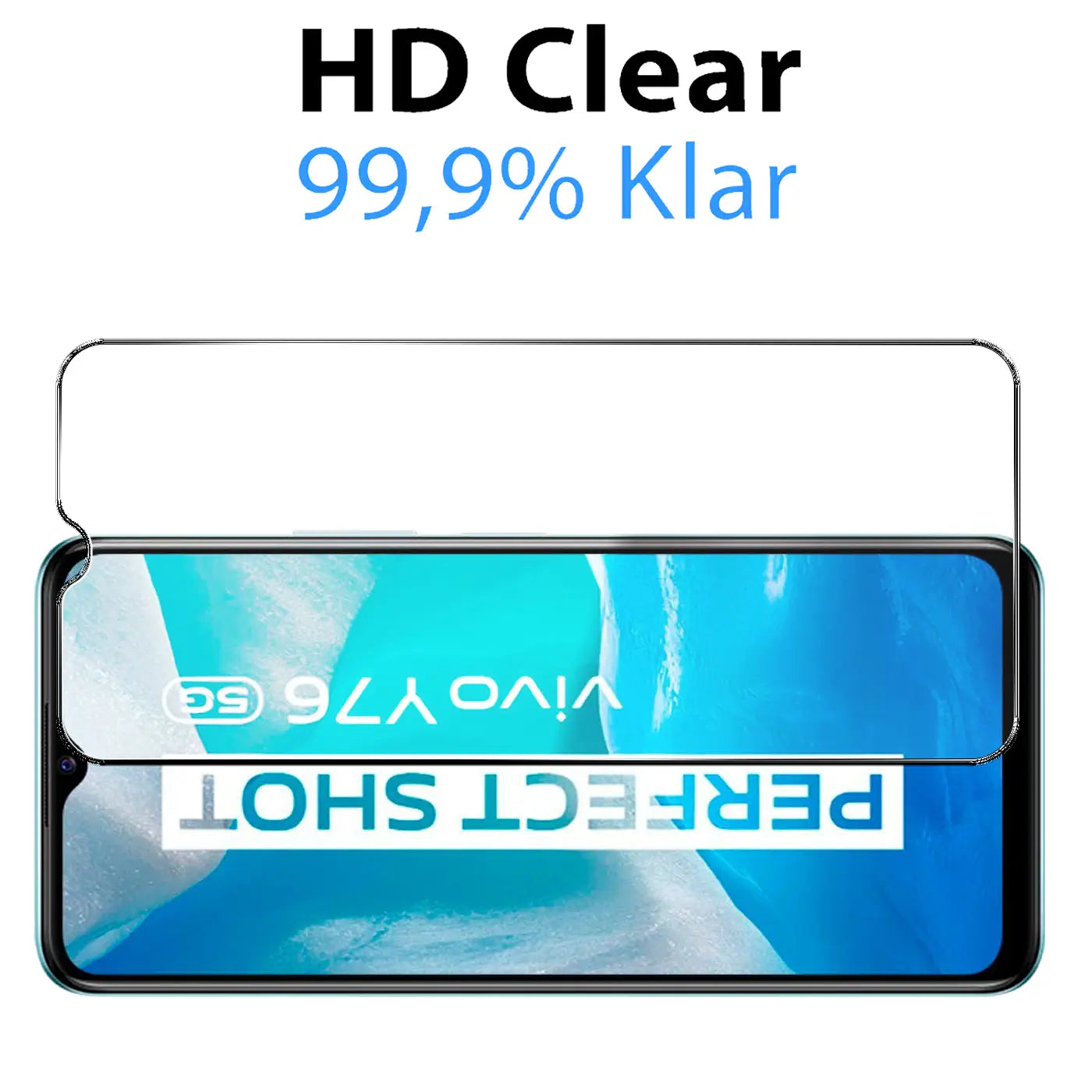 Panzerglas-Displayschutz auf Vivo Y76 5G Smartphone, von oben betrachtet. Transparentes Glas, teilweise auf Display.