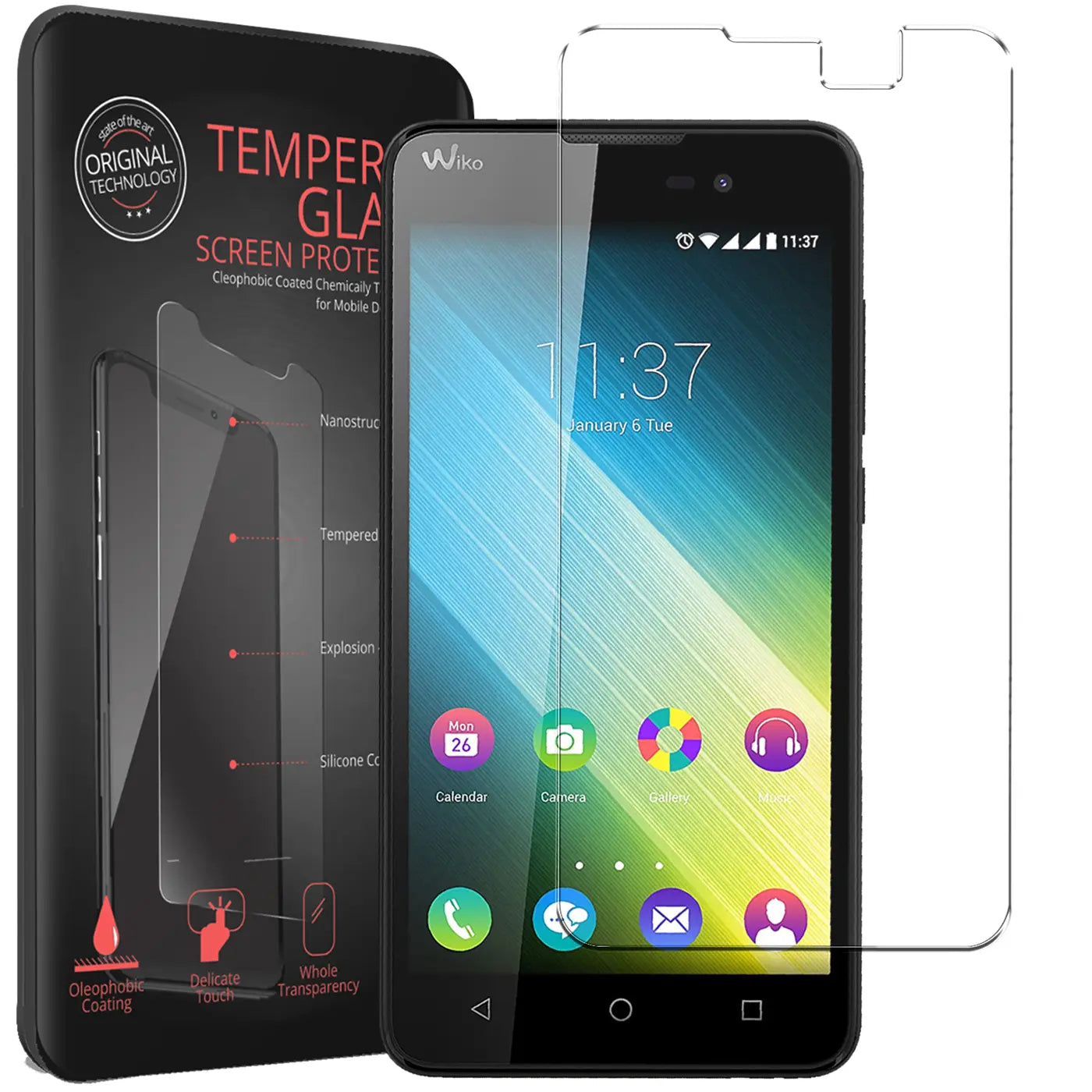 Schwarzes Wiko Lenny 2 Smartphone mit angebrachtem Panzerglas, daneben ein zweites Panzerglas und die schwarze Verpackung.