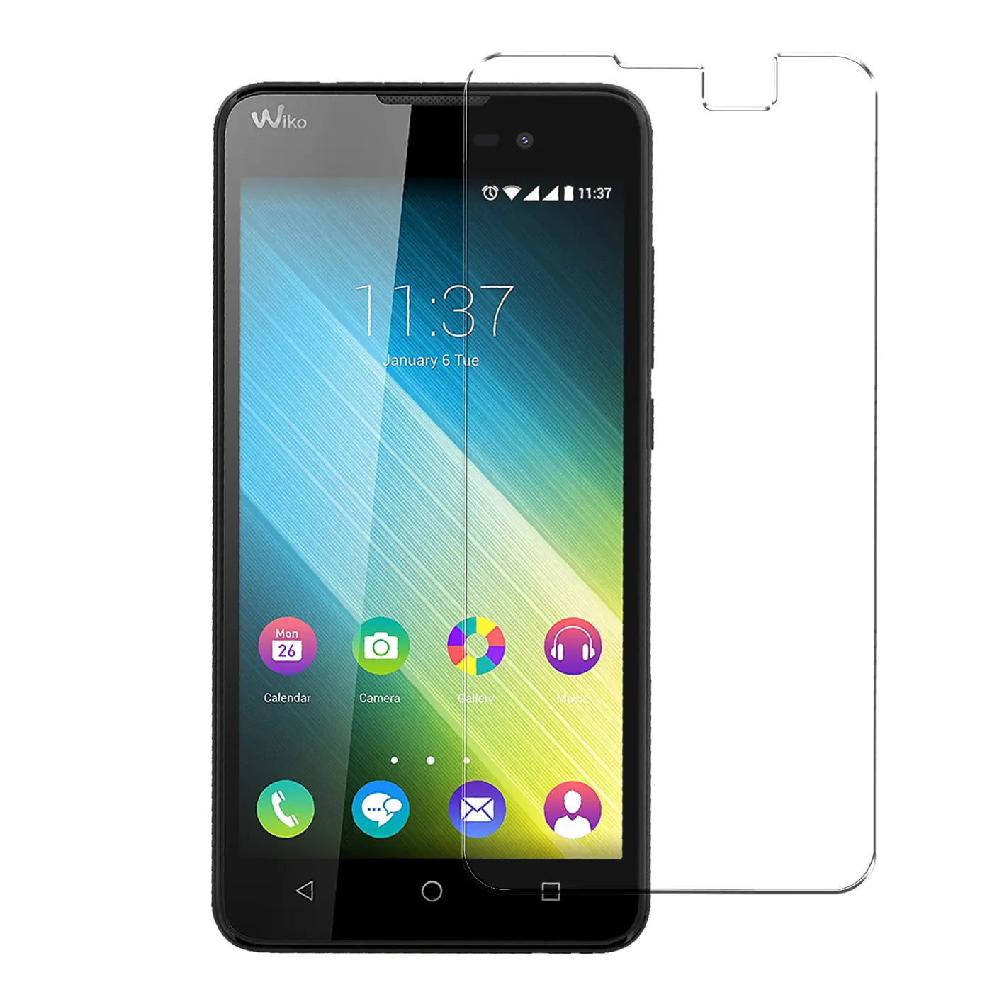 Schwarzes Wiko Lenny 2 Smartphone, frontal, mit transparentem Panzerglas-Displayschutz daneben.