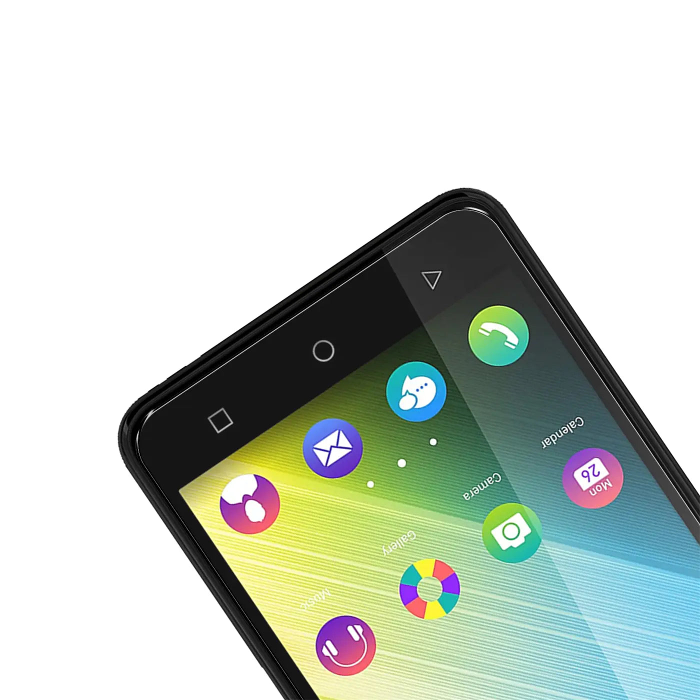 Nahaufnahme eines schwarzen Wiko Lenny 2 Smartphones mit Panzerglas-Displayschutz, schräg von oben rechts.