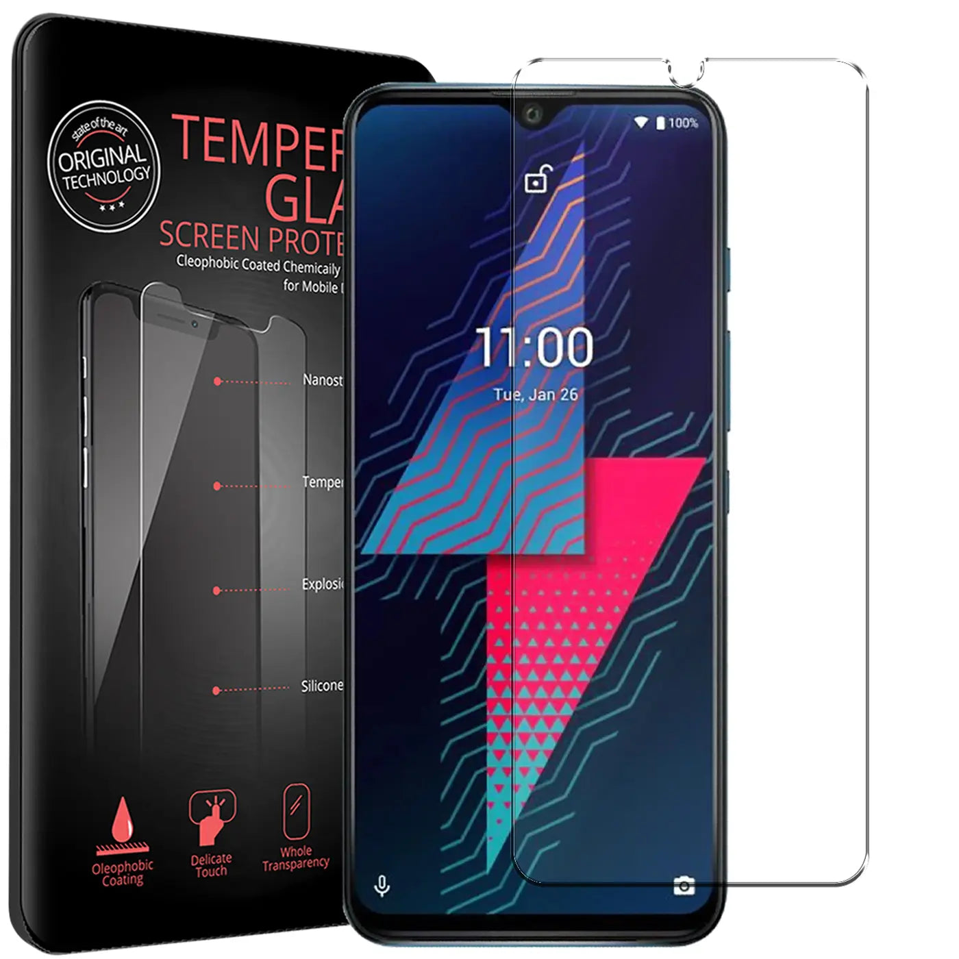 Schwarzes Wiko Power U30 Handy mit angebrachtem Panzerglas-Displayschutz und einem weiteren daneben, von vorne.