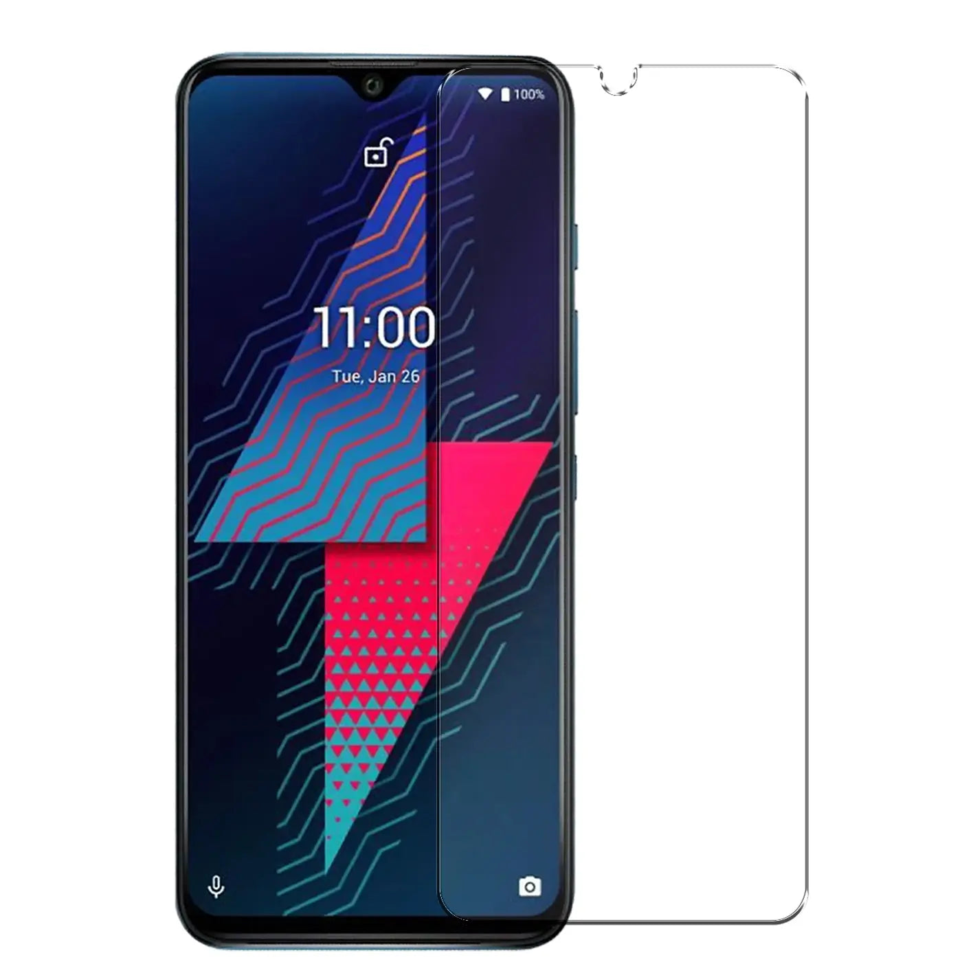 Wiko Power U30 Smartphone mit transparentem Panzerglas-Displayschutz (9H) daneben, schräg von vorne.