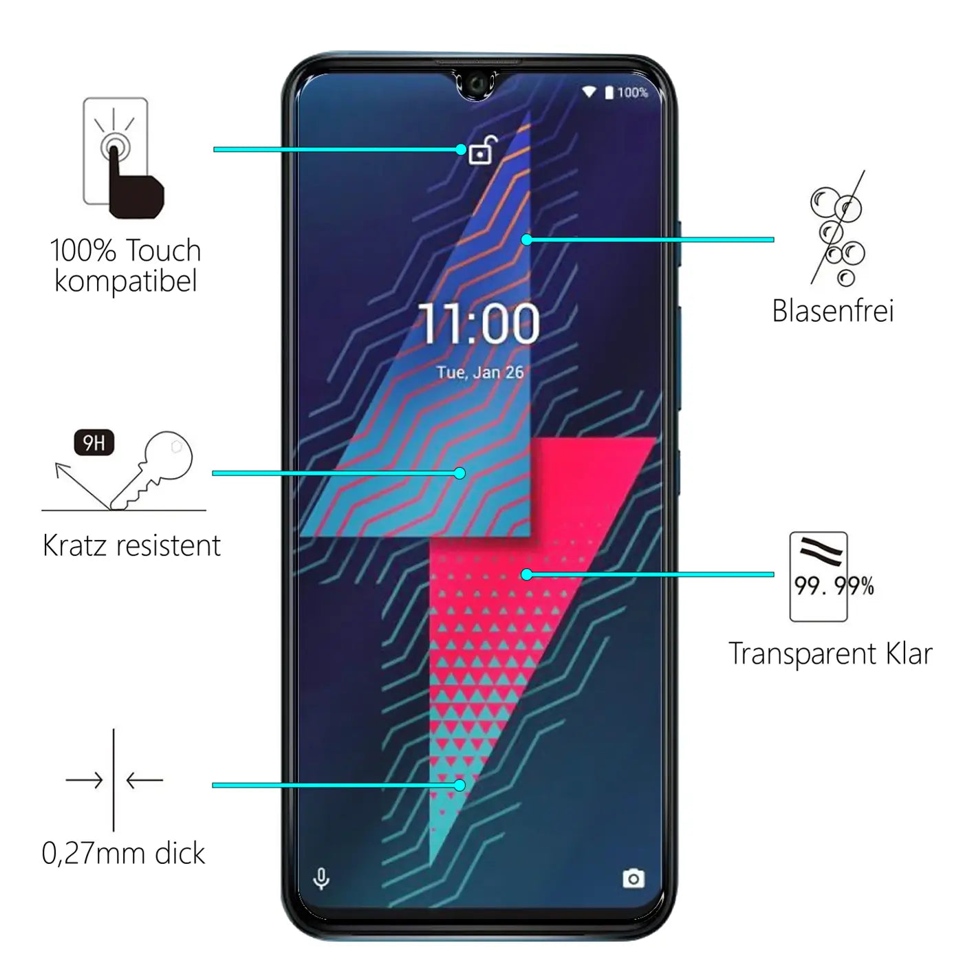 Wiko Power U30 Smartphone mit transparentem Panzerglas Displayschutz, von vorne, mit Eigenschaften wie "Kratz resistent".