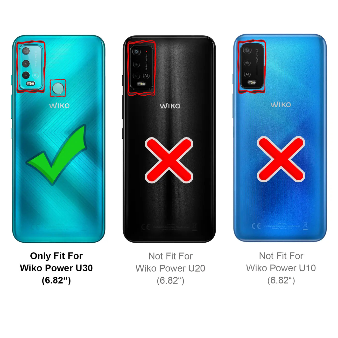 Rückseiten von drei Wiko Power Smartphones: U30 (türkis), U20 (schwarz), U10 (blau). Kameraausschnitte rot markiert.