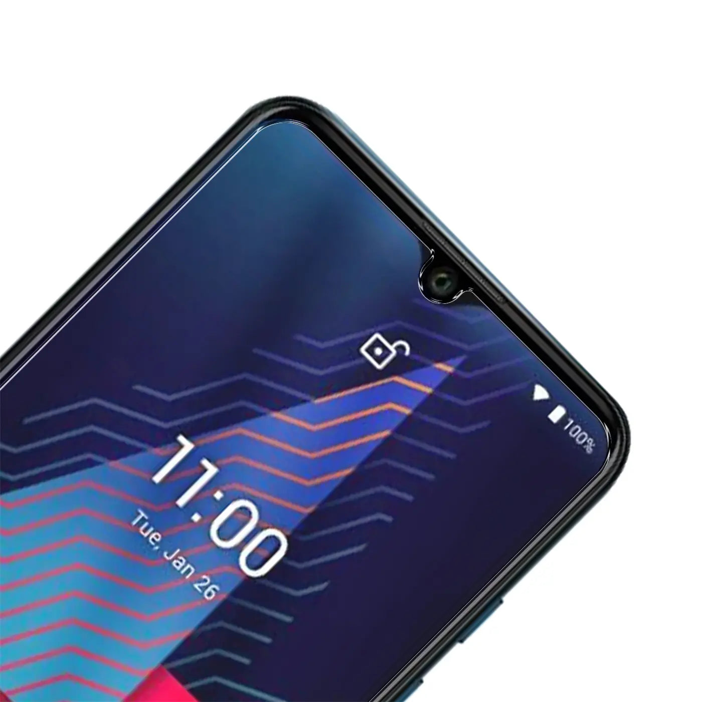 Nahaufnahme des oberen Teils eines Wiko Power U30 Smartphones mit schwarzem Rahmen und Displayschutz aus Glas.