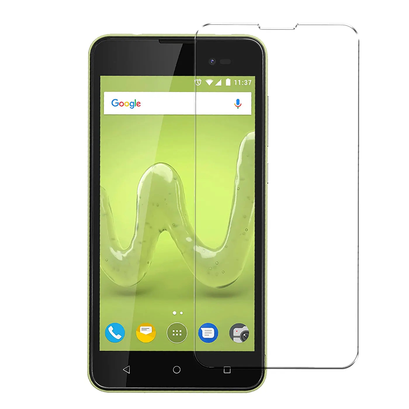 Ein Wiko Sunny 2 Smartphone mit grünem Hintergrund, auf dem ein klarer Panzerglas-Displayschutz liegt.