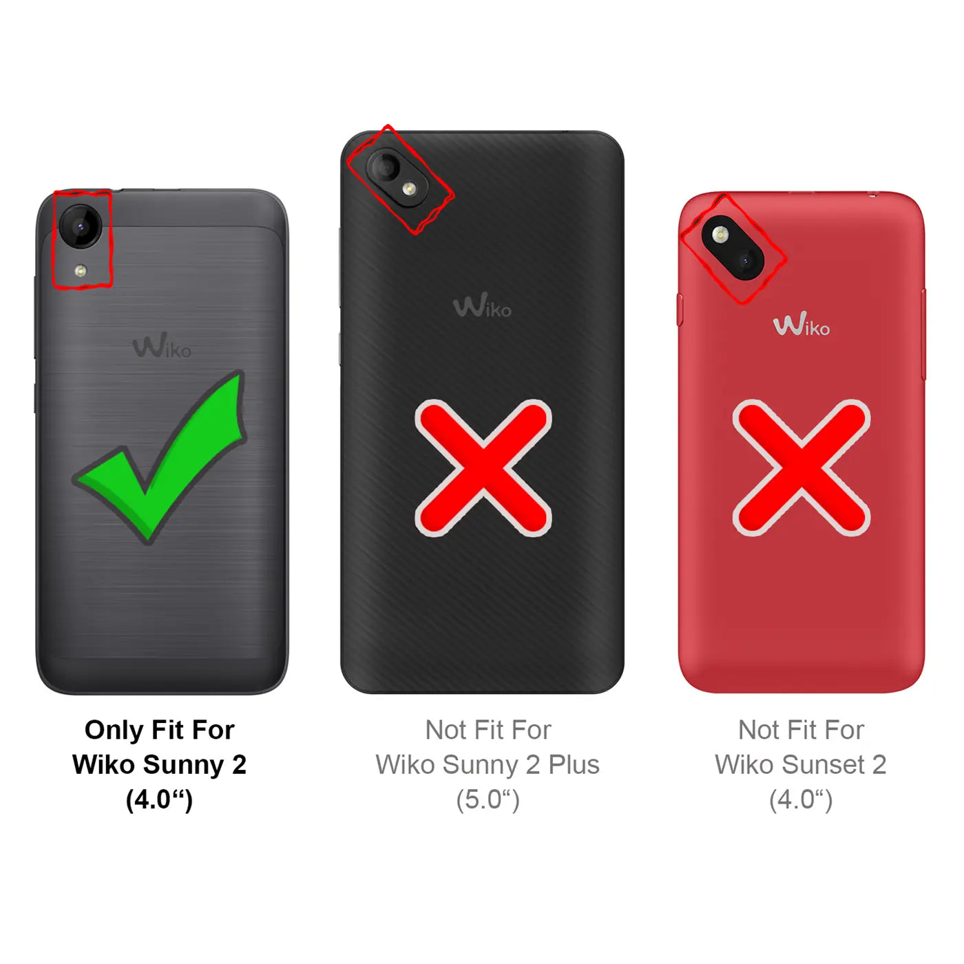 Rückseiten von drei Wiko Smartphones (grau, schwarz, rot) mit Kamera-Details und Haken/Kreuzen zur Passform.