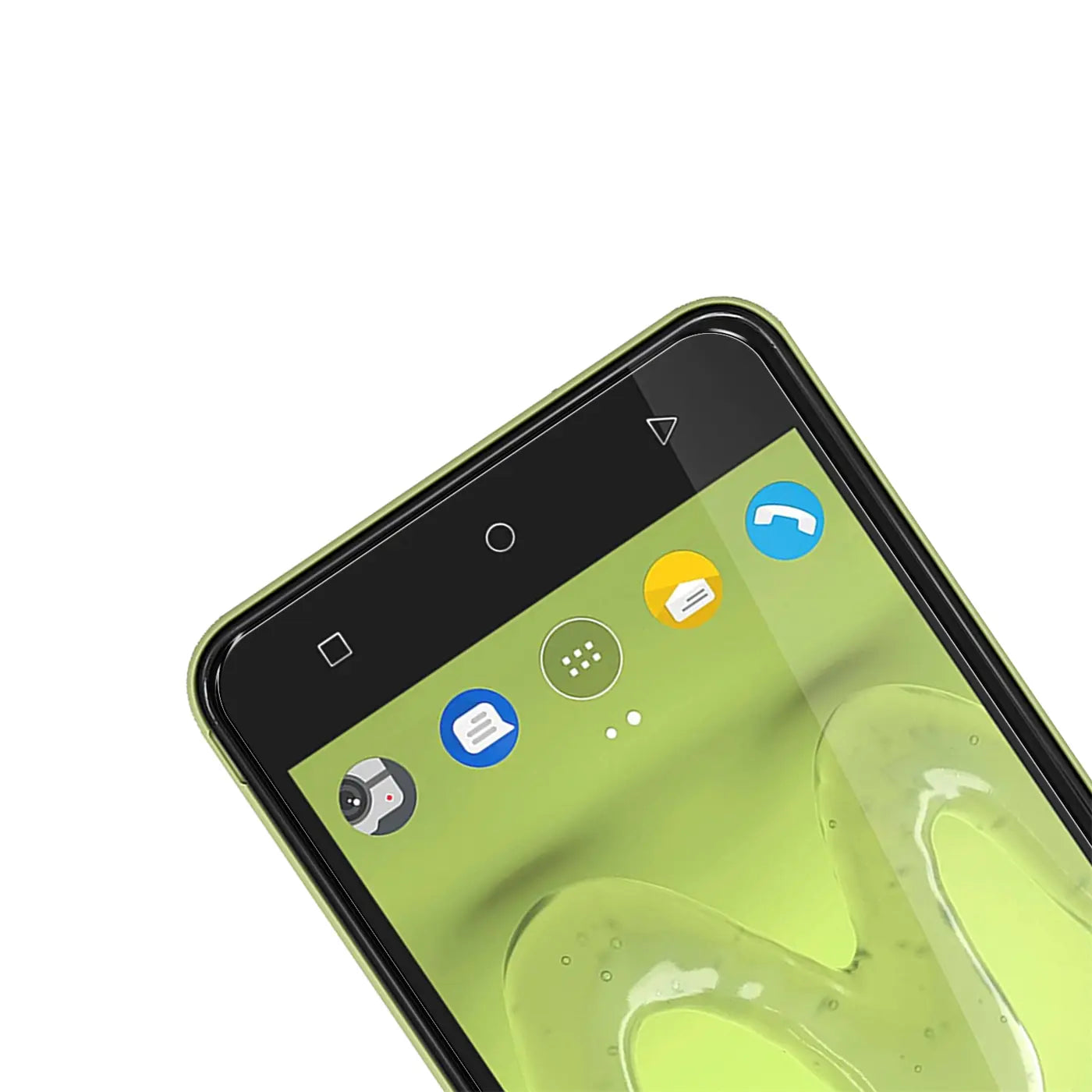 Grünes Wiko Sunny 2 Smartphone, obere rechte Ecke schräg von oben, mit schwarzem Display und grünen Icons.
