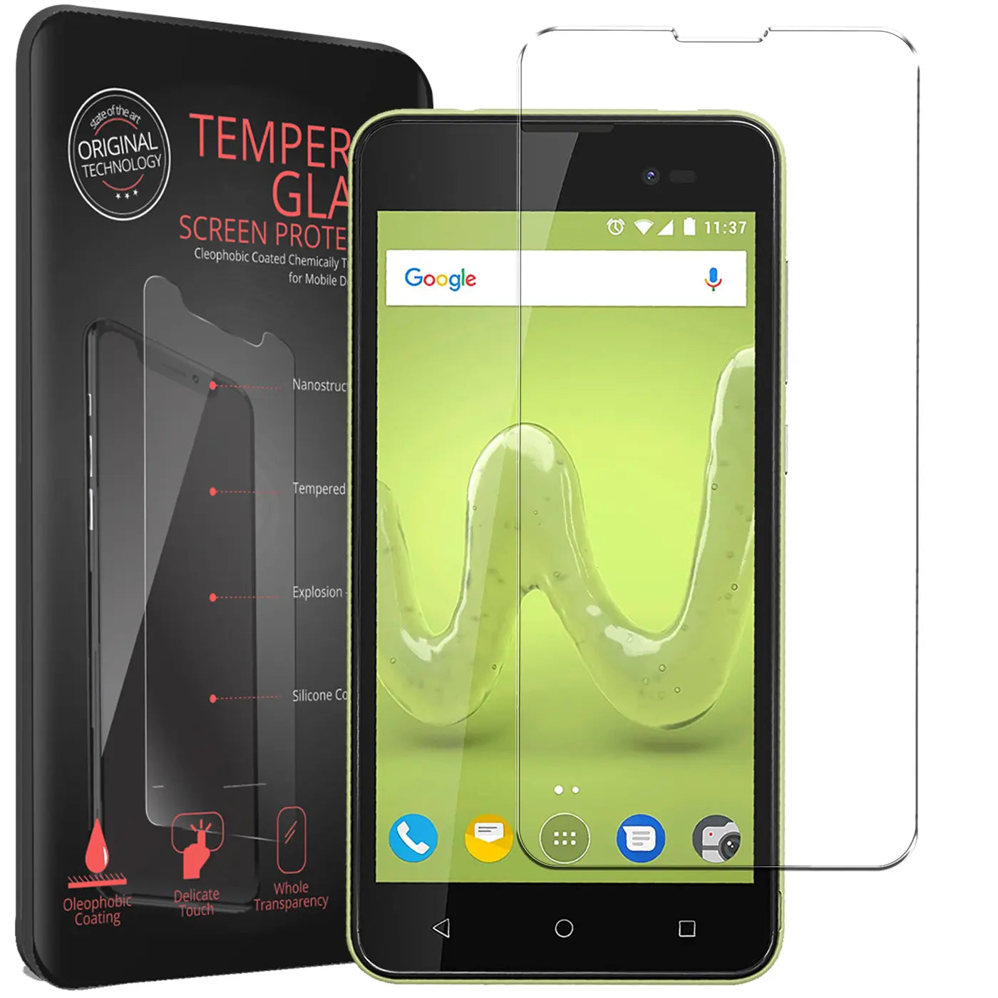 Zwei transparente Panzerglas-Displayschutzfolien für Wiko Sunny 2 Plus, eine auf dem Handy, eine daneben.