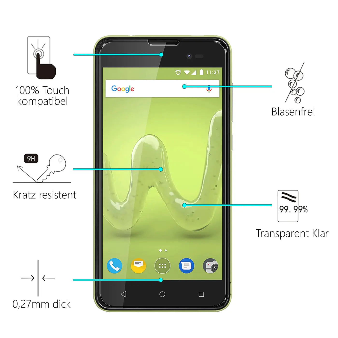 Frontansicht eines schwarzen Wiko Sunny 2 Plus Smartphones mit transparentem Panzerglas, umgeben von Infografiken.