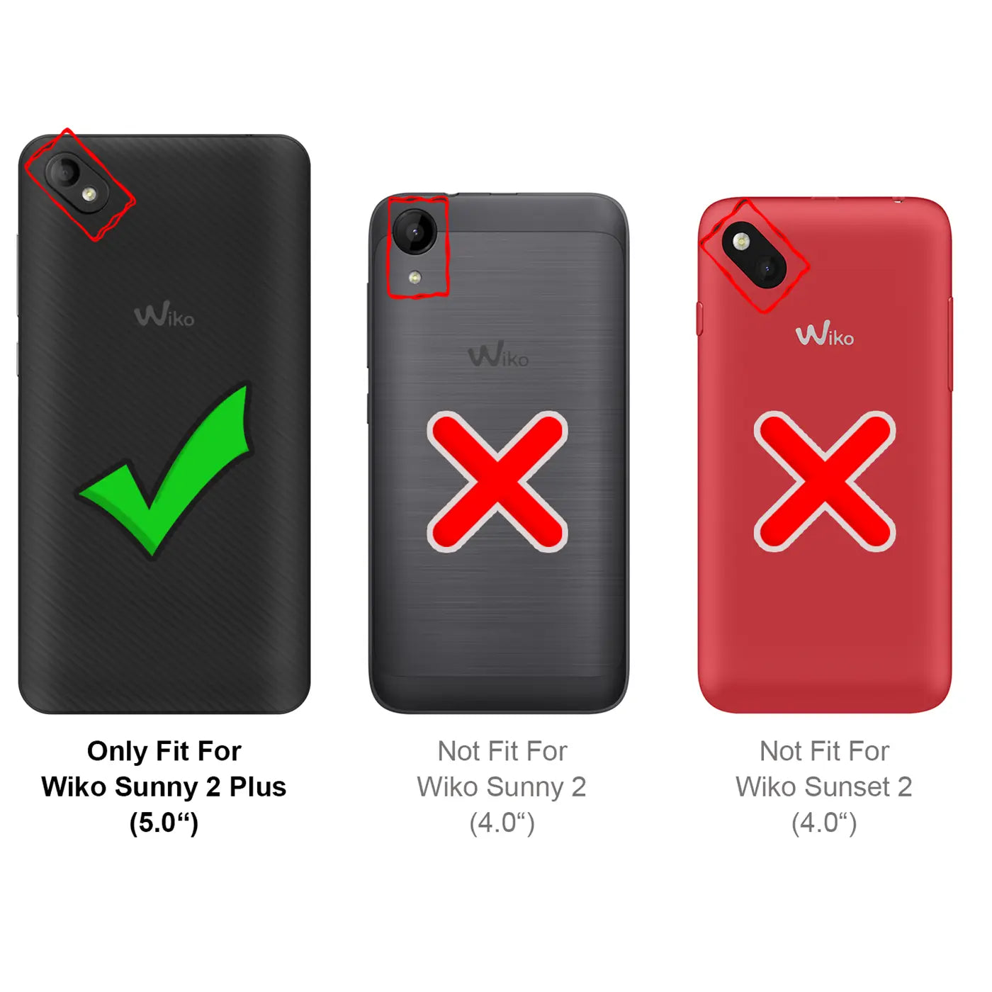 Drei Wiko Smartphones (schwarz, dunkelgrau, rot) von hinten, zeigen Passgenauigkeit für Wiko Sunny 2 Plus.