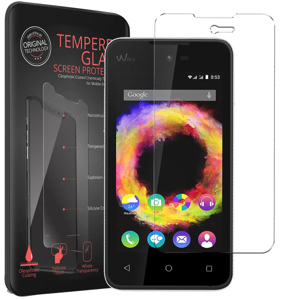 Schwarzes Wiko Sunset 2 Smartphone mit bunten Icons, daneben ein klarer Panzerglas Displayschutz und schwarze Verpackung.