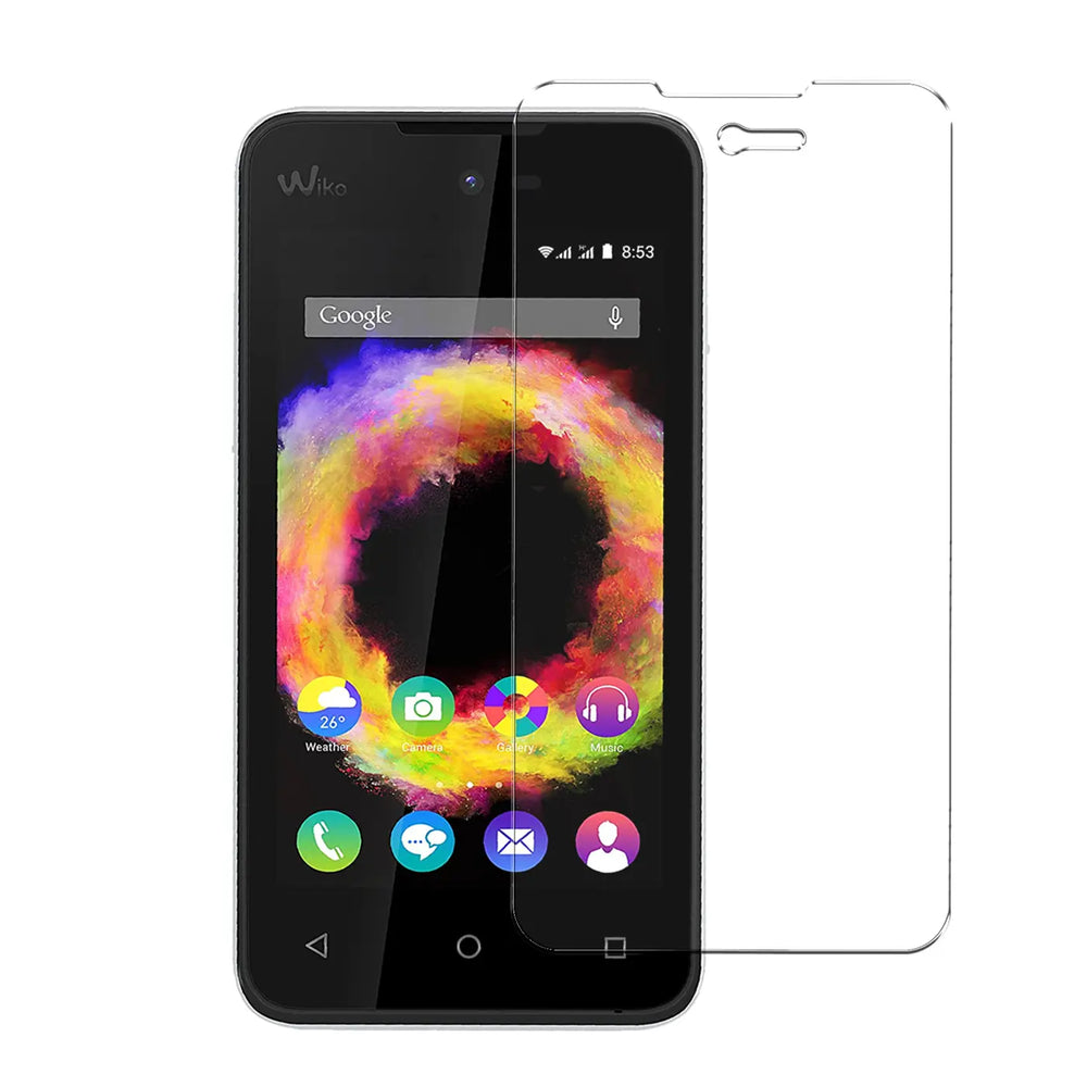 Schwarzes Wiko Sunset 2 Smartphone mit teilweisem Panzerglas-Displayschutz und zweitem Schutzglas daneben, schräg von oben.