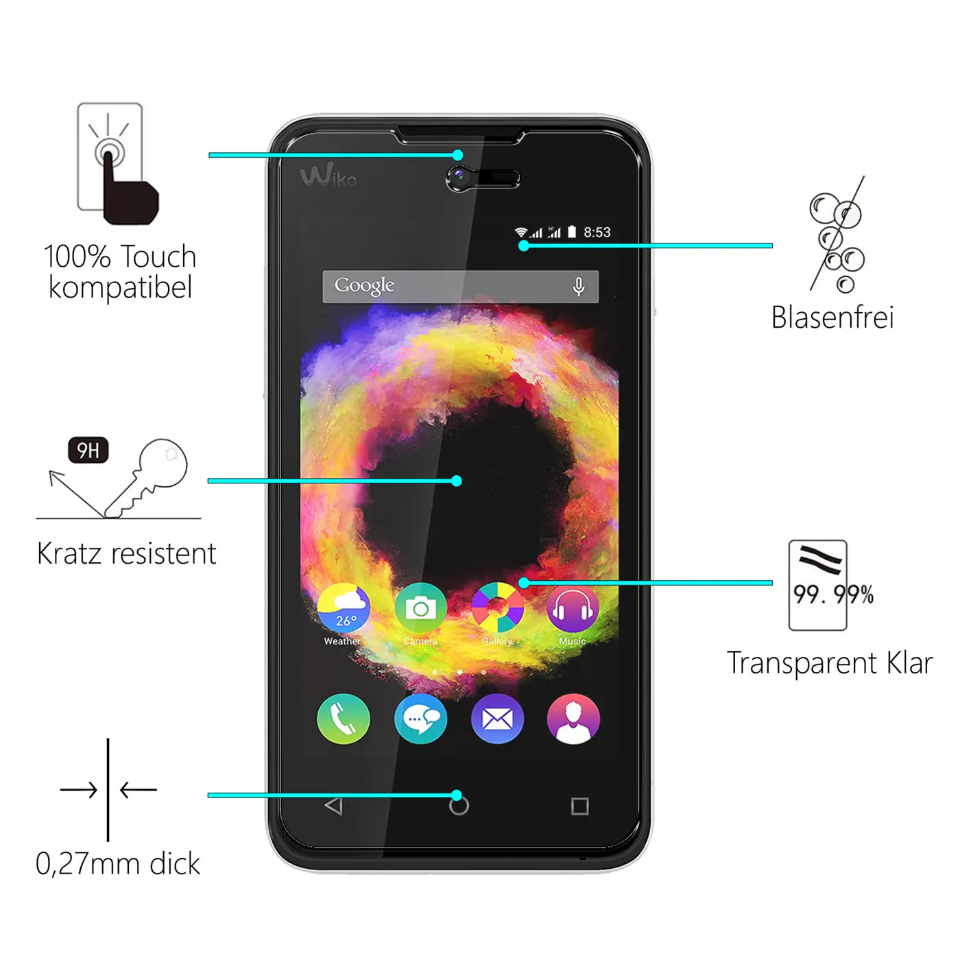 Schwarzes Wiko Sunset 2 Smartphone, frontal, mit transparentem Panzerglas Displayschutz und Produktmerkmalen.