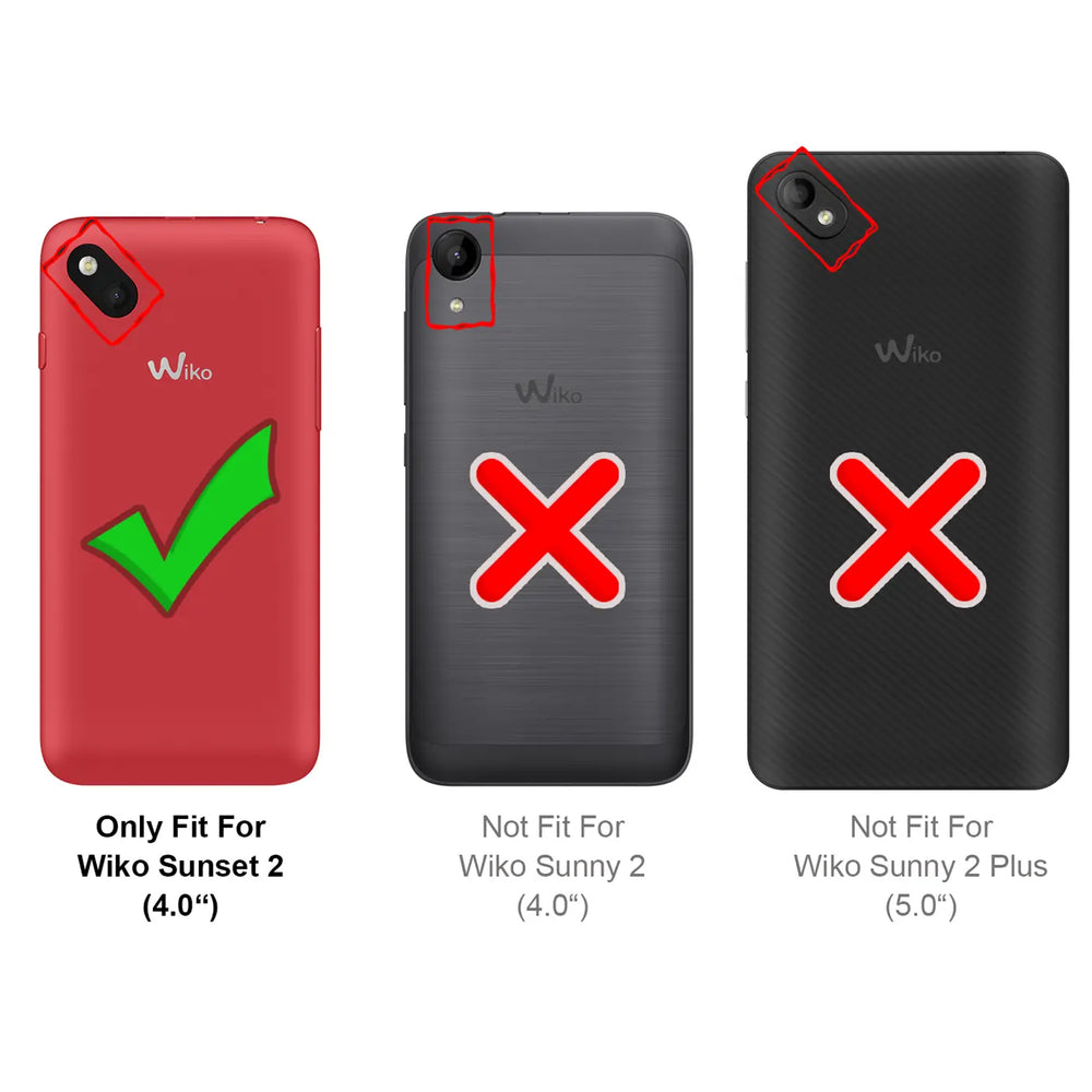 Rote, graue und schwarze Wiko Smartphones von hinten, mit grüner Haken- und roten X-Symbolen zur Kompatibilitätsanzeige.