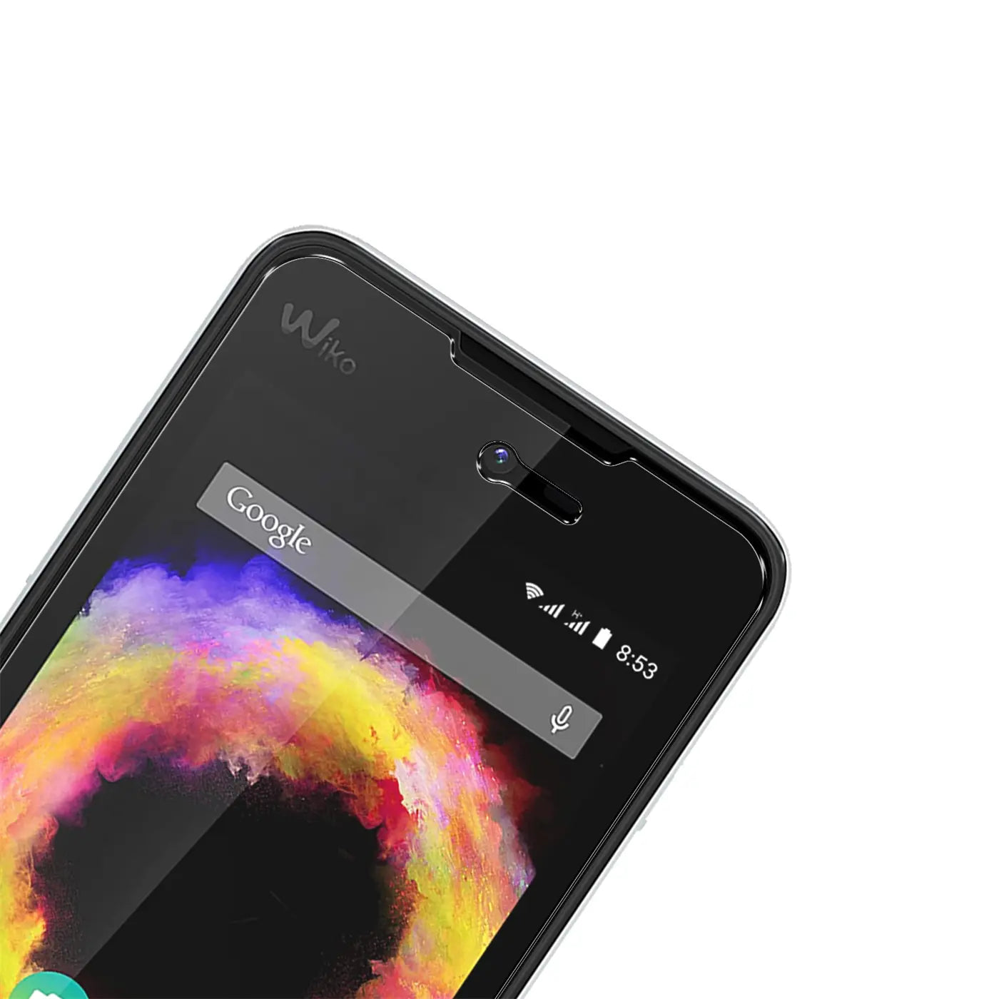 Nahaufnahme des oberen Bereichs eines schwarzen Wiko Sunset 2 Smartphones mit Panzerglas-Displayschutz, schräg von oben.