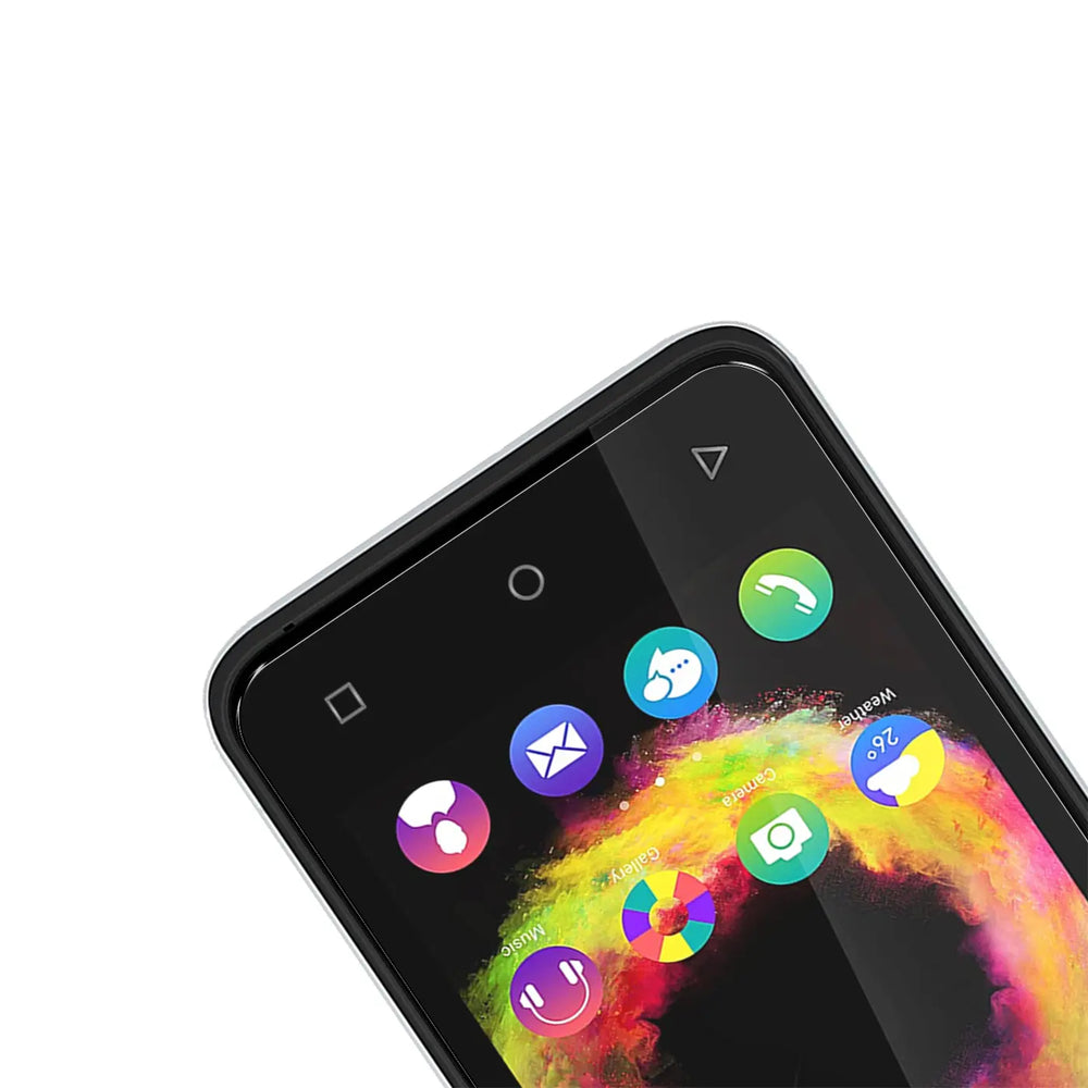 Nahaufnahme eines Wiko Sunset 2 Smartphones mit schwarzem Rahmen, schräg von oben. Das Display zeigt bunte App-Icons.