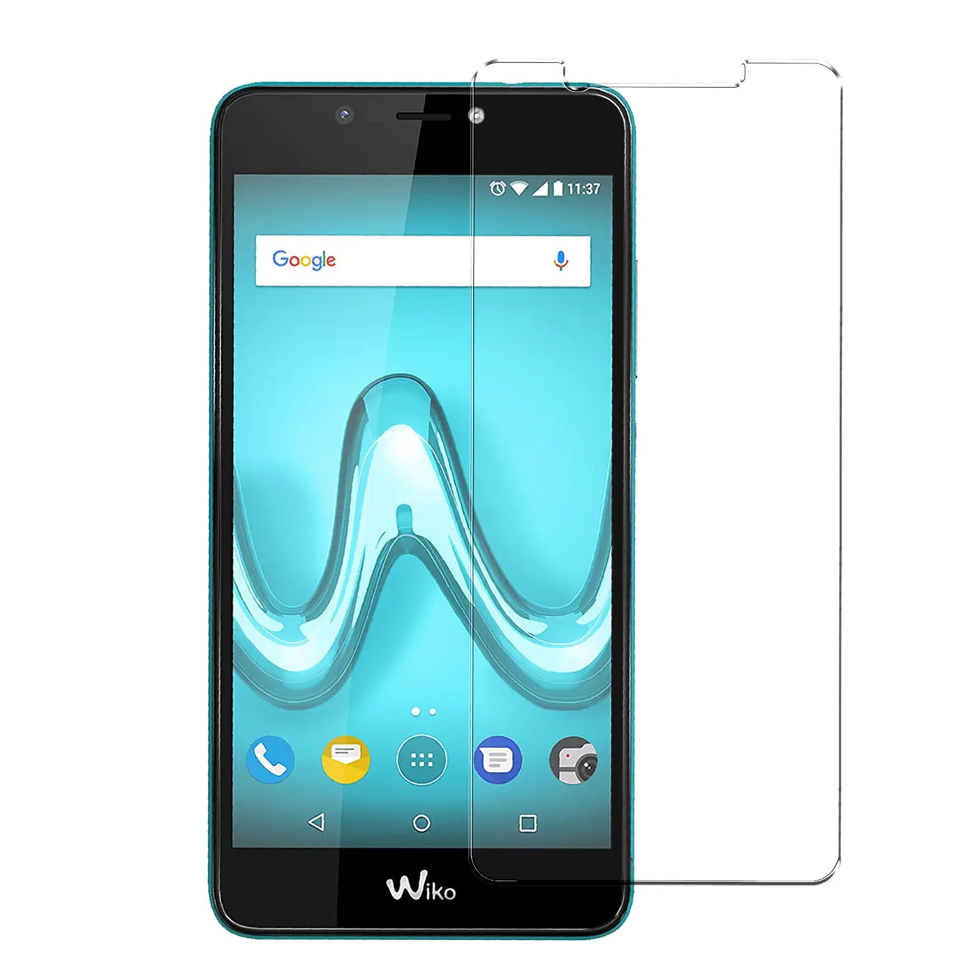 Wiko Tommy 2 Plus Handy in Türkis, frontal, mit halb aufgelegtem, transparentem Panzerglas Displayschutz.